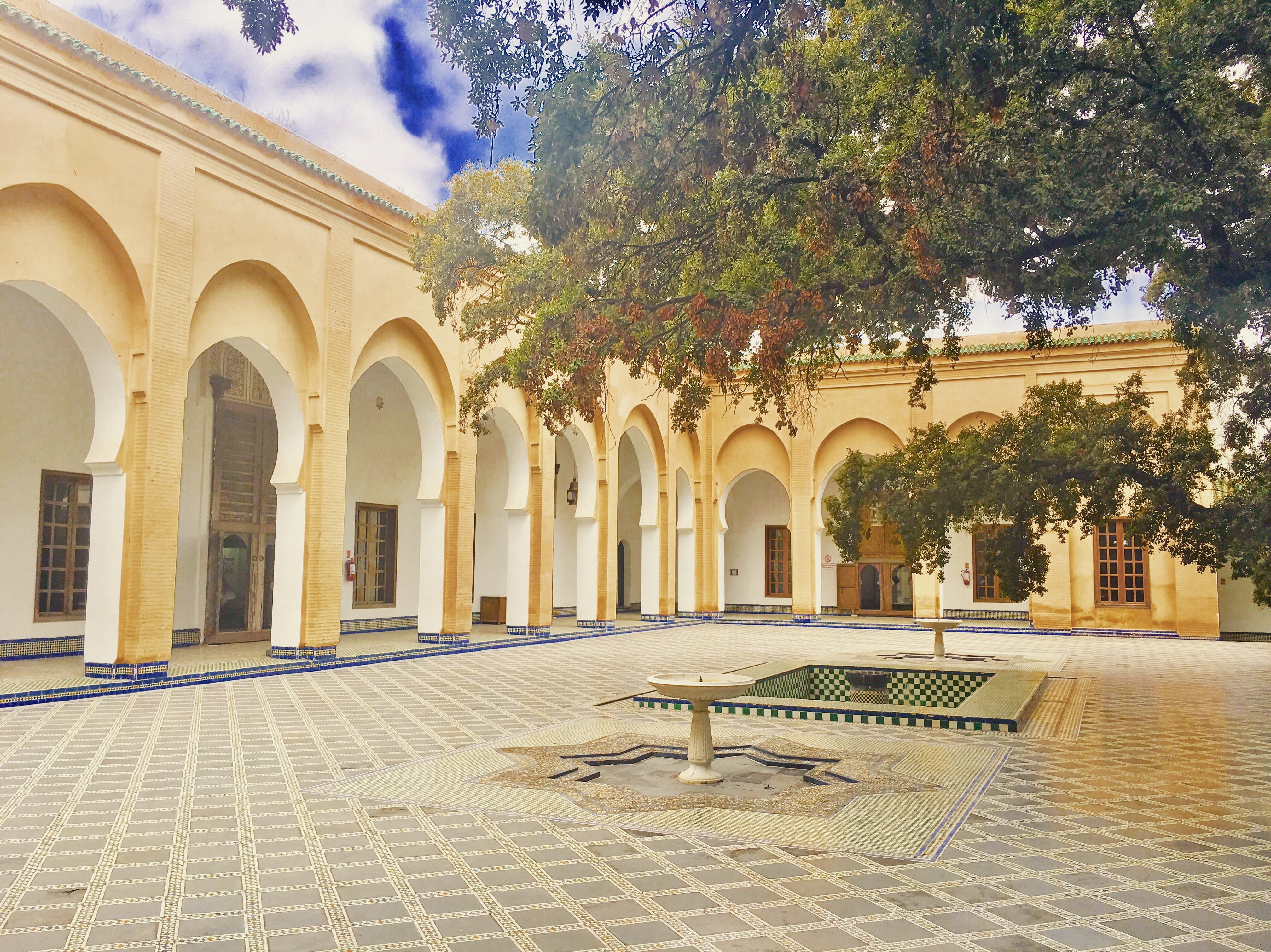day, sky, belief, courtyard, plant, 4K, the past, fes, tree, building exterior, history, religion, spirituality, no people, outdoors, paving stone, architecture, HD Wallpaper