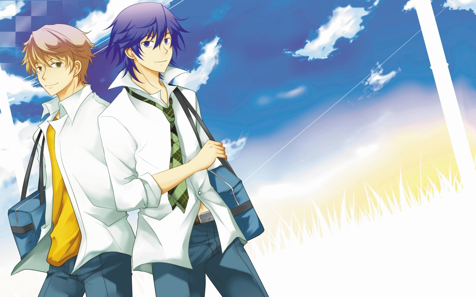 sunlight, nature, cloud - sky, anime, leisure activity, three quarter length, guys, bright, young adult, shirt, lifestyles, men, business, messenger, HD Wallpaper