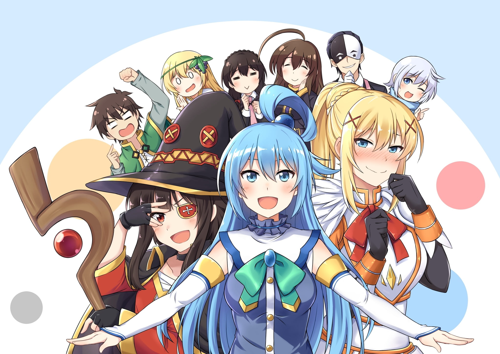 day, konosuba, female likeness, low angle view, megumin, no people, outdoors, sky, aqua, creativity, sunlight, multi colored, human representation, representation, HD Wallpaper