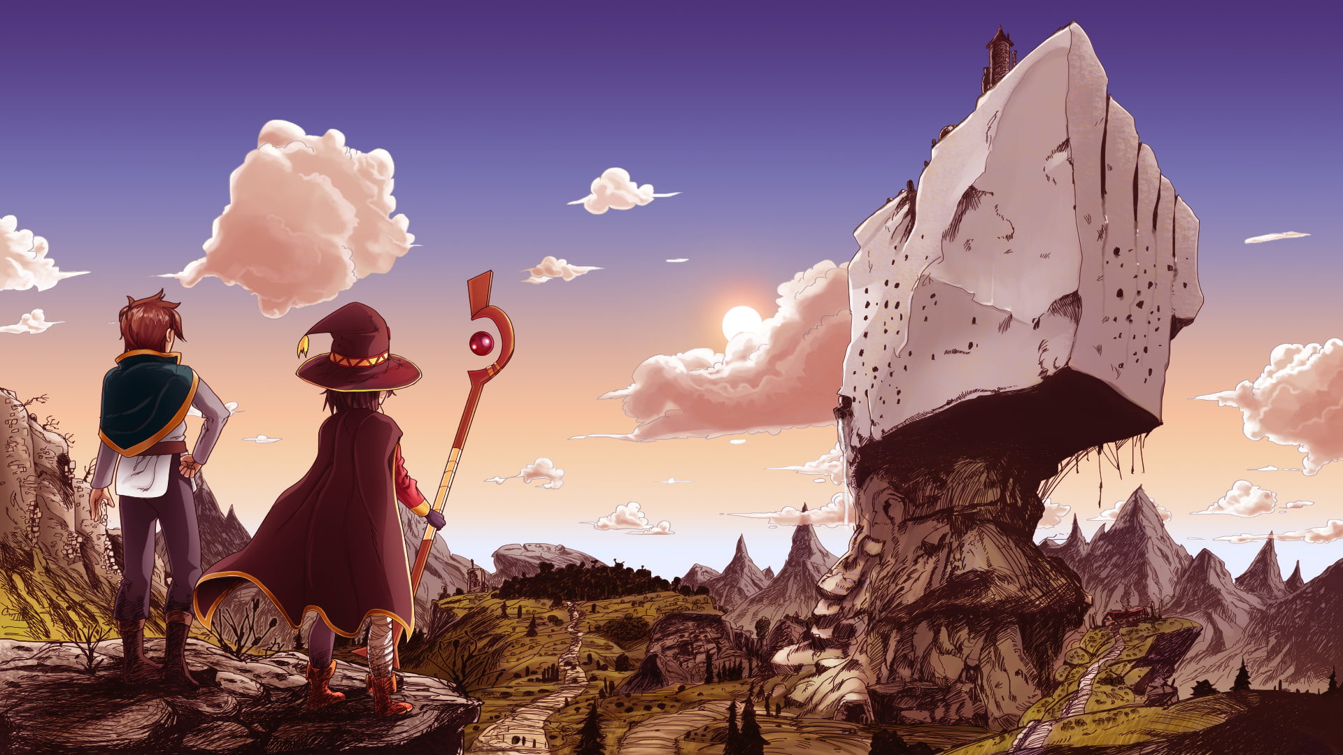 belief, representation, art and craft, Anime, 1080P, kazuma satou, sky, sunlight, Kono Subarashii Sekai ni Shukufuku wo, megumin, creativity, men, nature, HD Wallpaper