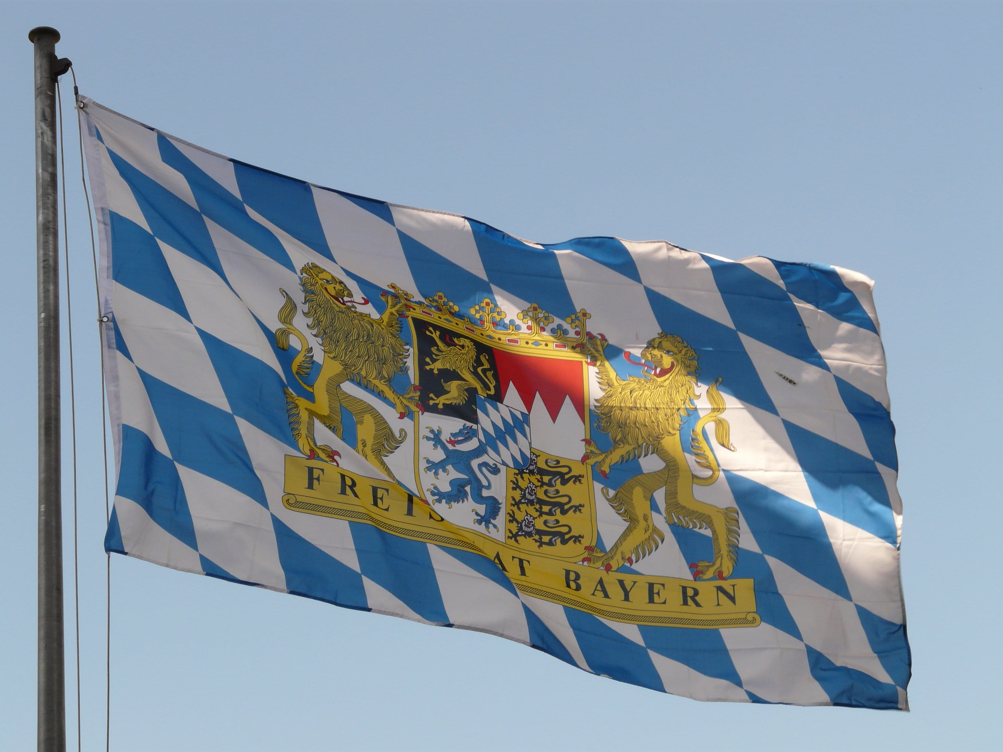outdoors, human representation, nature, environment, flutter, text, sky, Germany, blue, white, Flag, blow, close, no people, photography, raised, Bavaria, HD Wallpaper