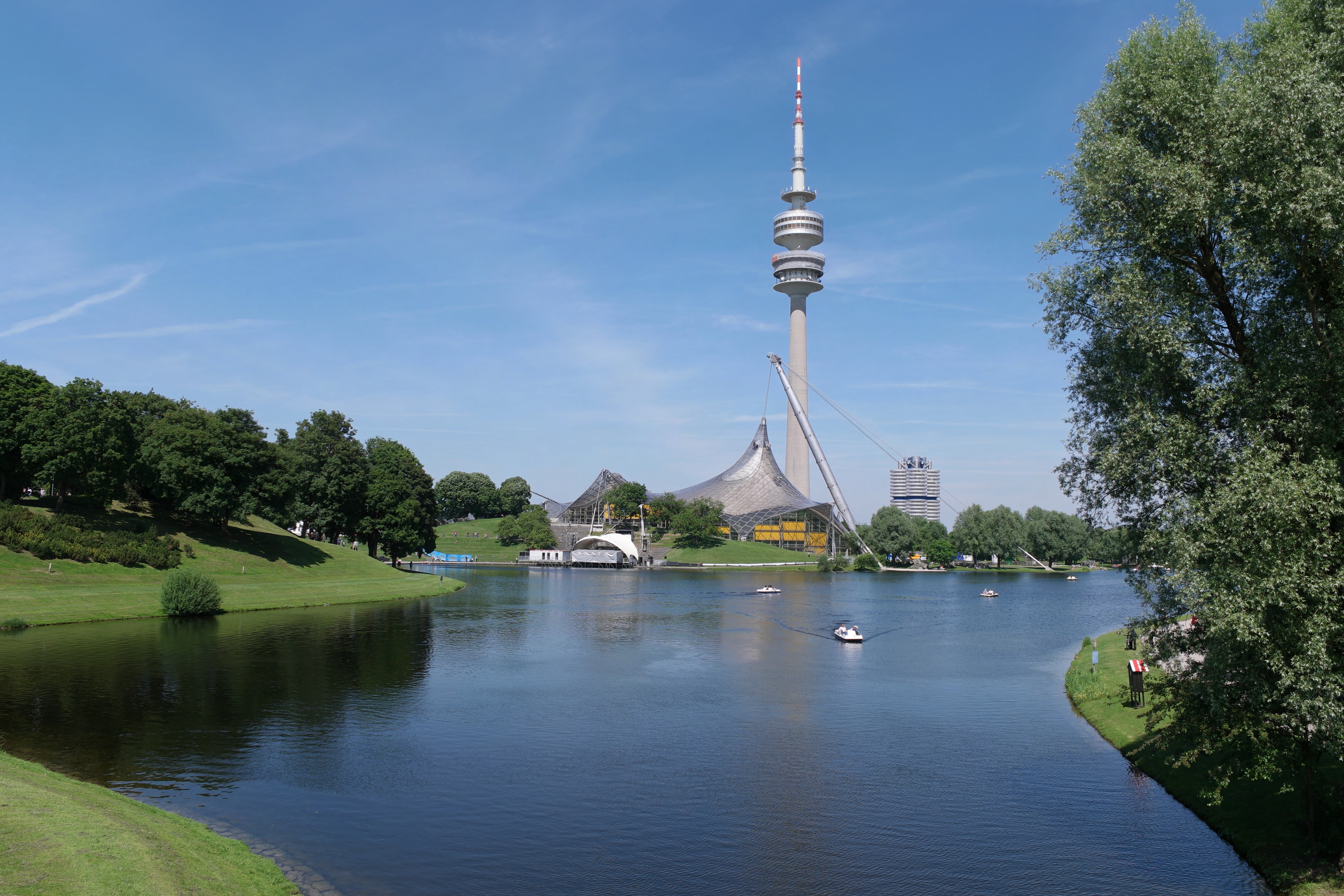 tree, travel destinations, tv tower, plant, munich, tourism, sky, lake, architecture, outdoors, nature, transportation, landmark, high, spire, 5K, tower, HD Wallpaper