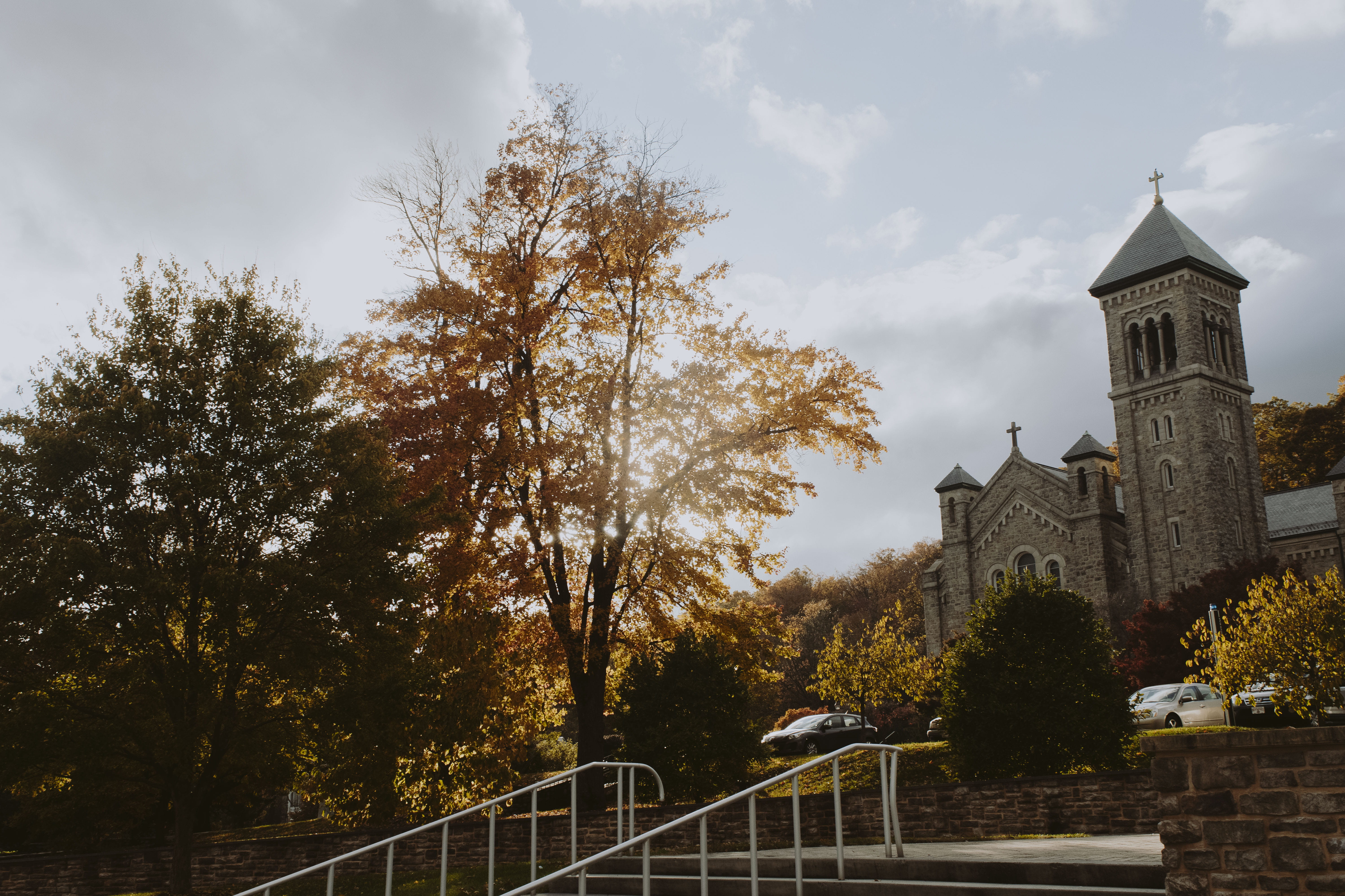 5K, trees, mount st. marys university, building, plant, emmitsburg, nature, architecture, place of worship, church, outdoors, fall, low angle view, belief, HD Wallpaper