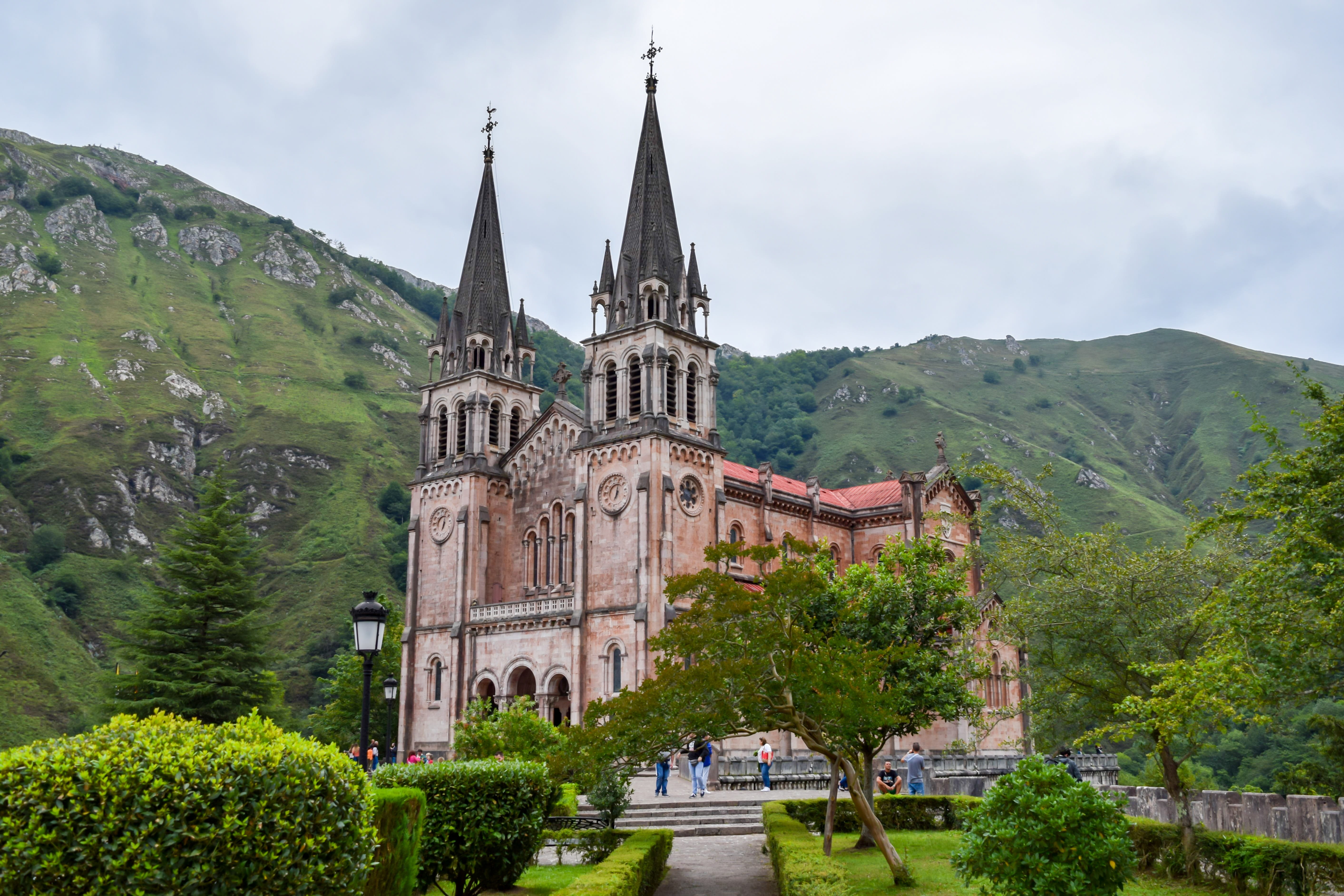 basilica, religion, no people, history, tree, tower, travel destinations, place of worship, pilgrimage, spire, nature, plant, covadonga, cloud - sky, architecture, HD Wallpaper