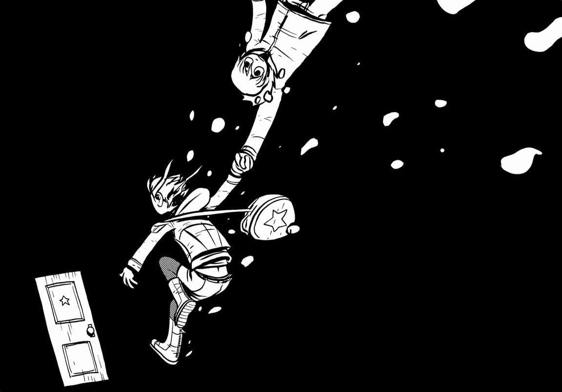 scott pilgrim ramona flowers monochrome escape girl, indoors, nature, black background, sky, decoration, no people, 480P, motion, lighting equipment, art and craft, HD Wallpaper