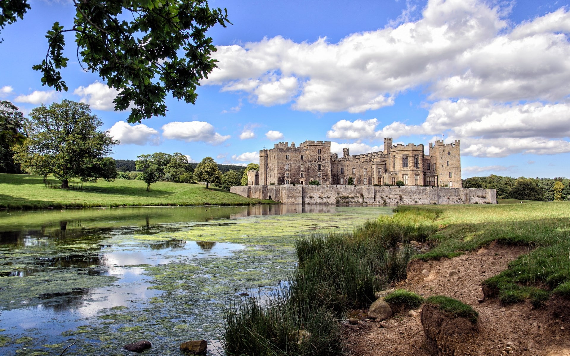 building exterior, travel destinations, cloud - sky, plant, grass, water, building, tree, nature, 1080P, raby castle, ruined, green color, architecture, HD Wallpaper