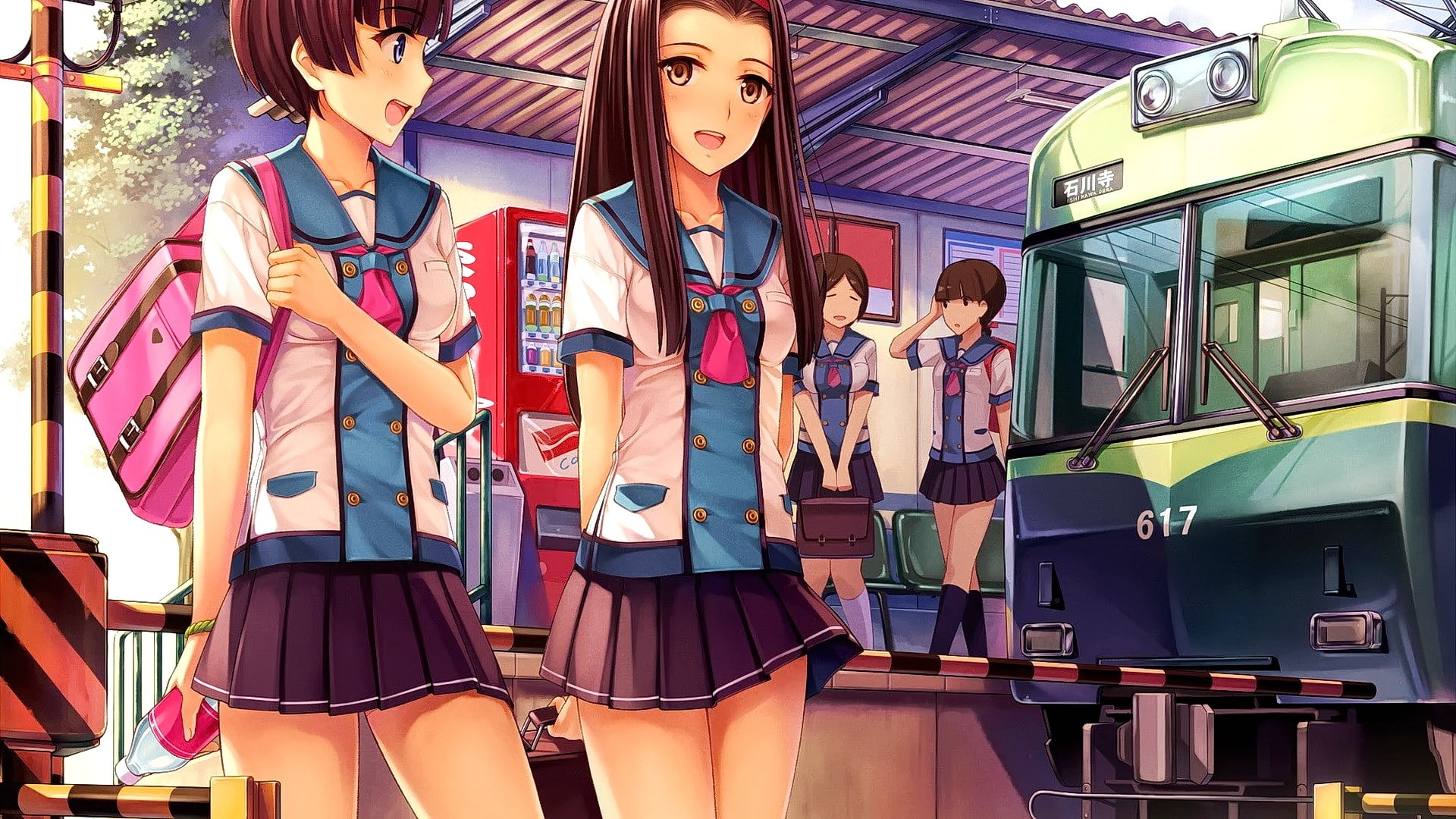anime, looking away, open mouth, short hair, brunette, 1080P, train station, smiling, blue eyes, looking at viewer, school uniform, anime girls, original, HD Wallpaper