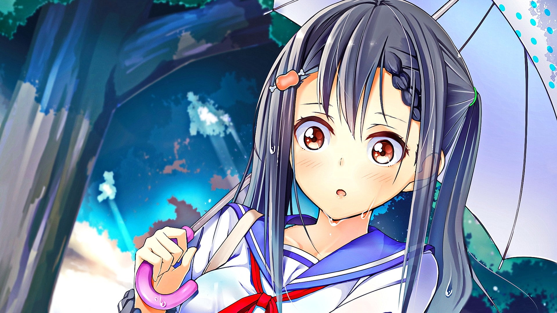 day, nature, umbrella, brunette, anime girls, 1080P, male likeness, human representation, portrait, outdoors, amusement park ride, no people, art and craft, HD Wallpaper