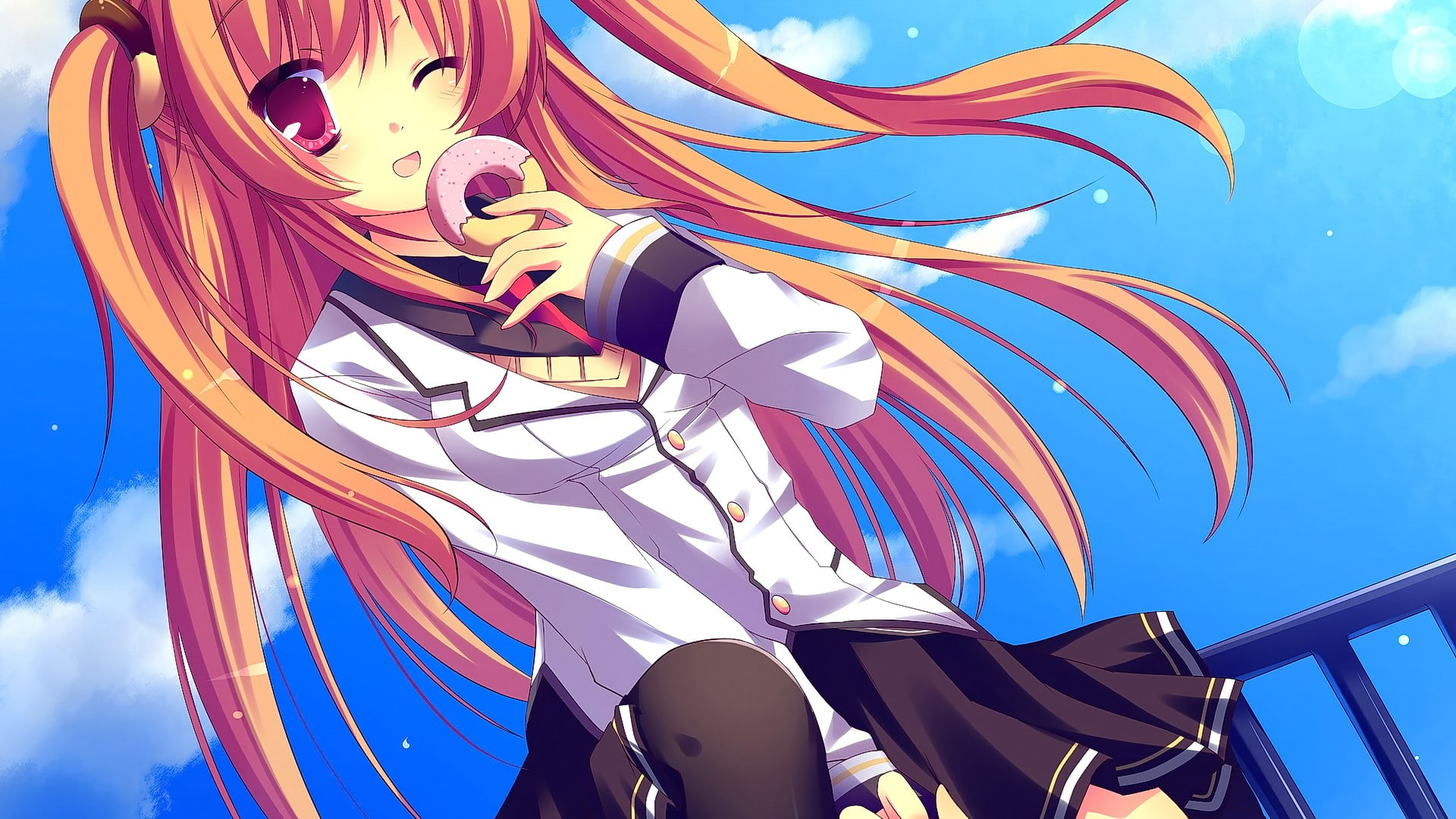 wink, open mouth, anime, long hair, red eyes, looking at viewer, school uniform, smiling, sky, anime girls, clouds, 1080P, blonde, HD Wallpaper