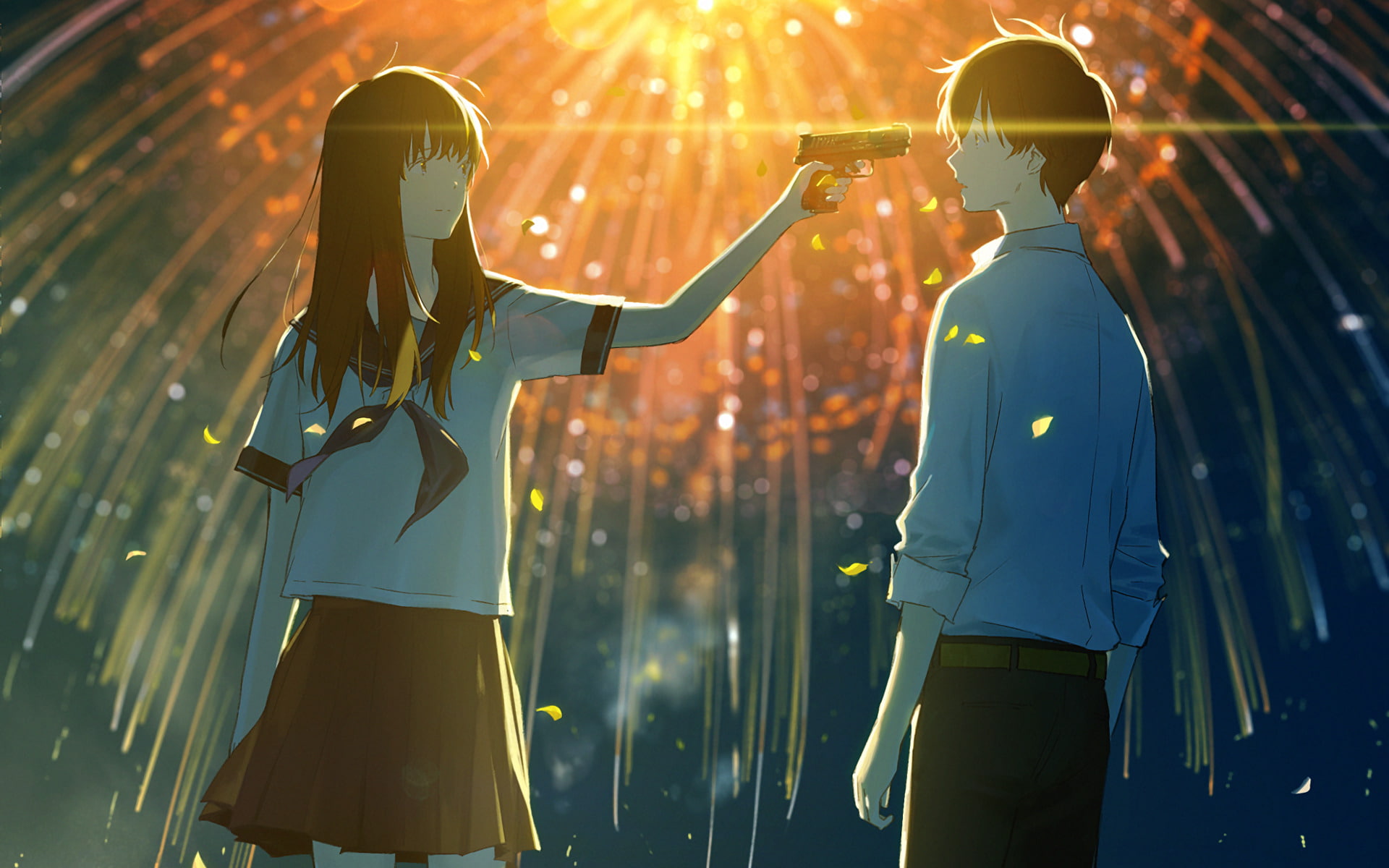 Girl, Anime, young men, 1080P, men, two people, Original, Fireworks, males, communication, adult, Gun, School Uniform, Boy, Night, young adult, standing, HD Wallpaper