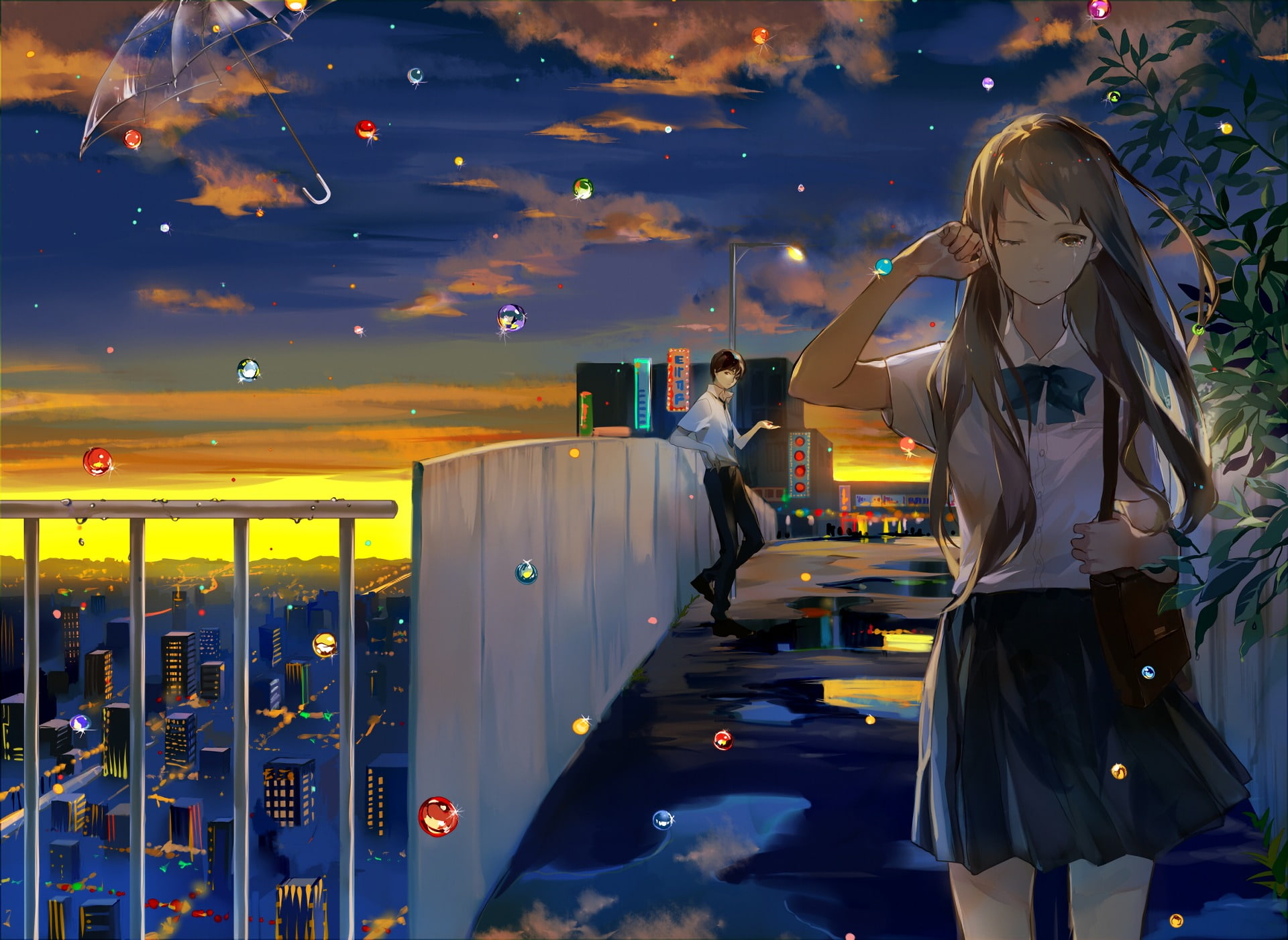 City, Bridge, Girl, 1080P, Original, Anime, School Uniform, Boy, HD Wallpaper