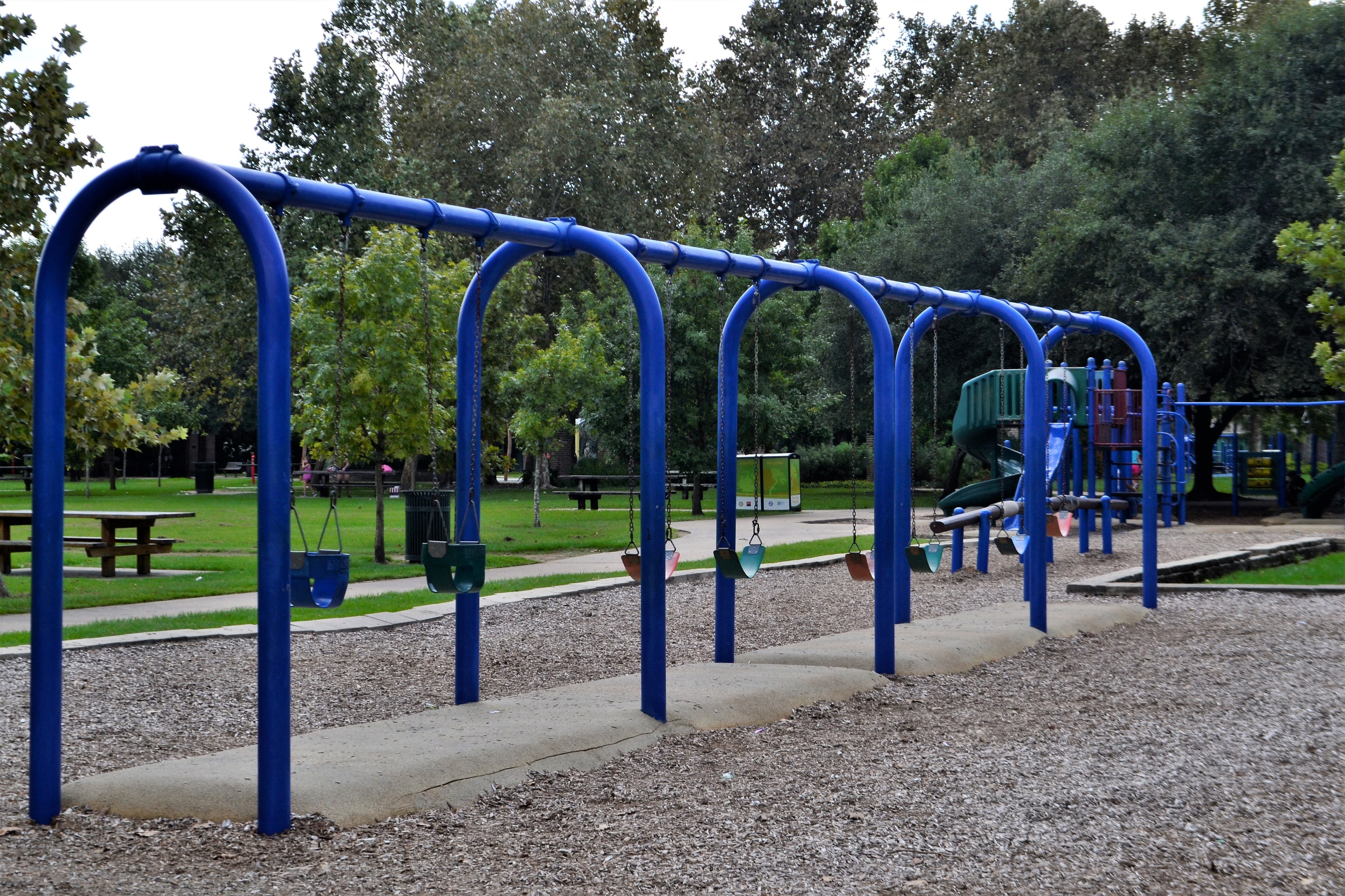 preschooler, summer, park, outdoor play equipment, children, peaceful, houston, usa, baby, 4K, nature, fun, swings, herman park, kids, day, steel, curved, HD Wallpaper