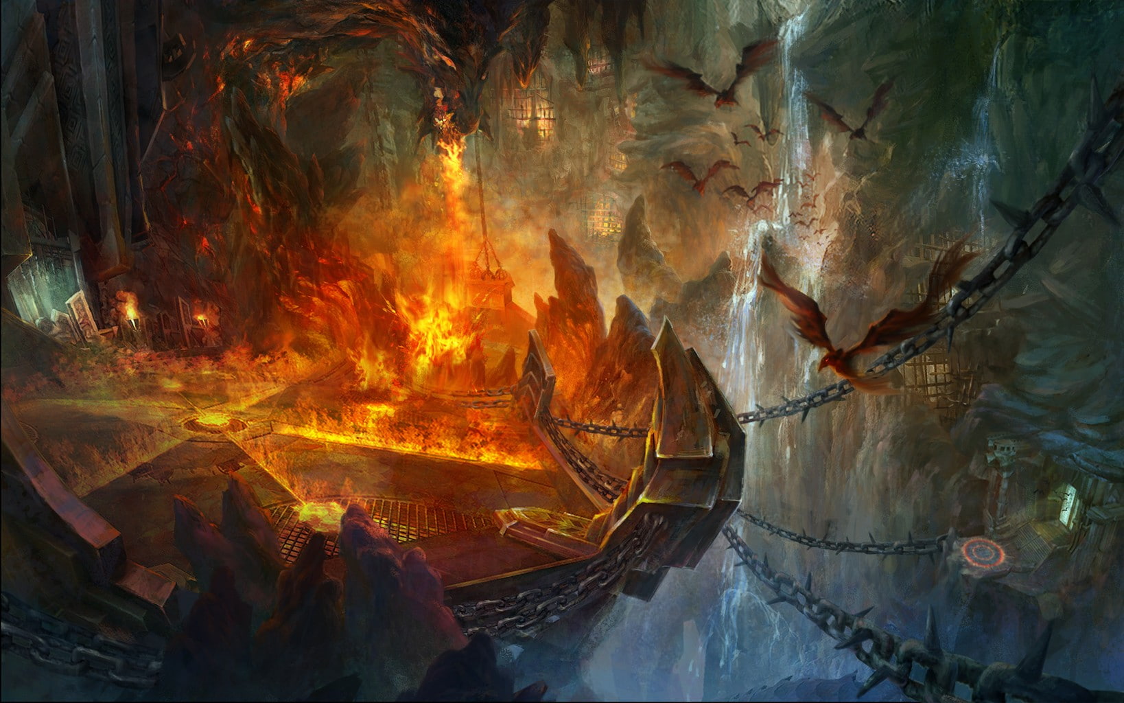 glowing, indoors, orange color, water, destruction, Aion, no people, nature, reflection, burning, scenics - nature, beauty in nature, video games, built structure, HD Wallpaper