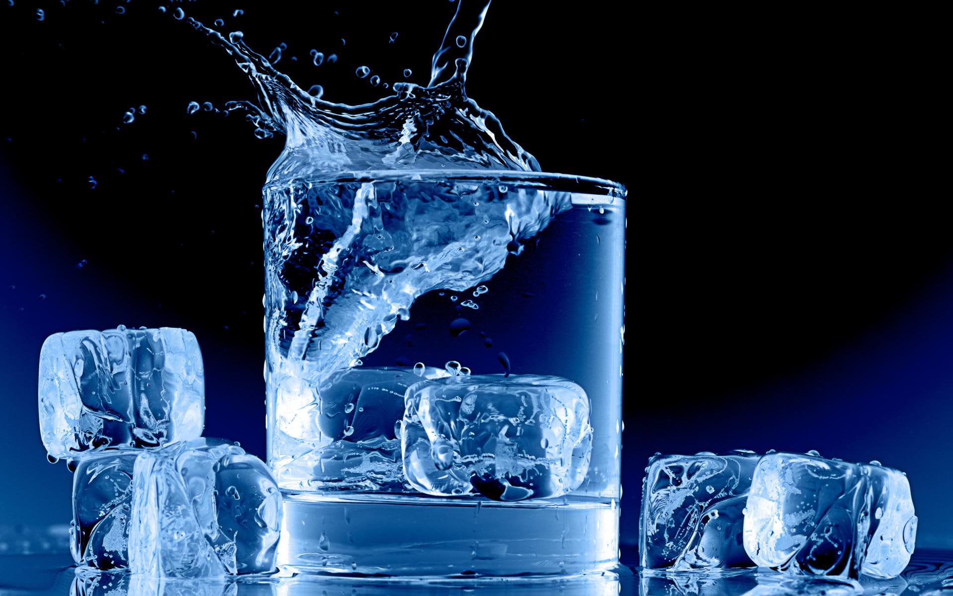 blue, drops, 1080P, shapes, clear, drinks, photography, cup, liquid, ice, square, cubes, foos, splash, water, color, contrast, glass, HD Wallpaper