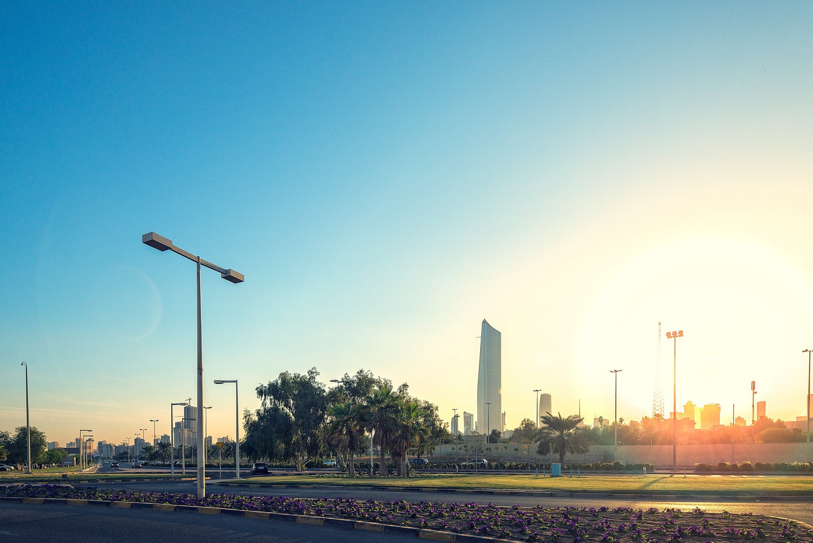 financial district, sky, transportation, nature, tree, outdoors, office building exterior, Kuwait, tall - high, no people, architecture, 720P, copy space, HD Wallpaper