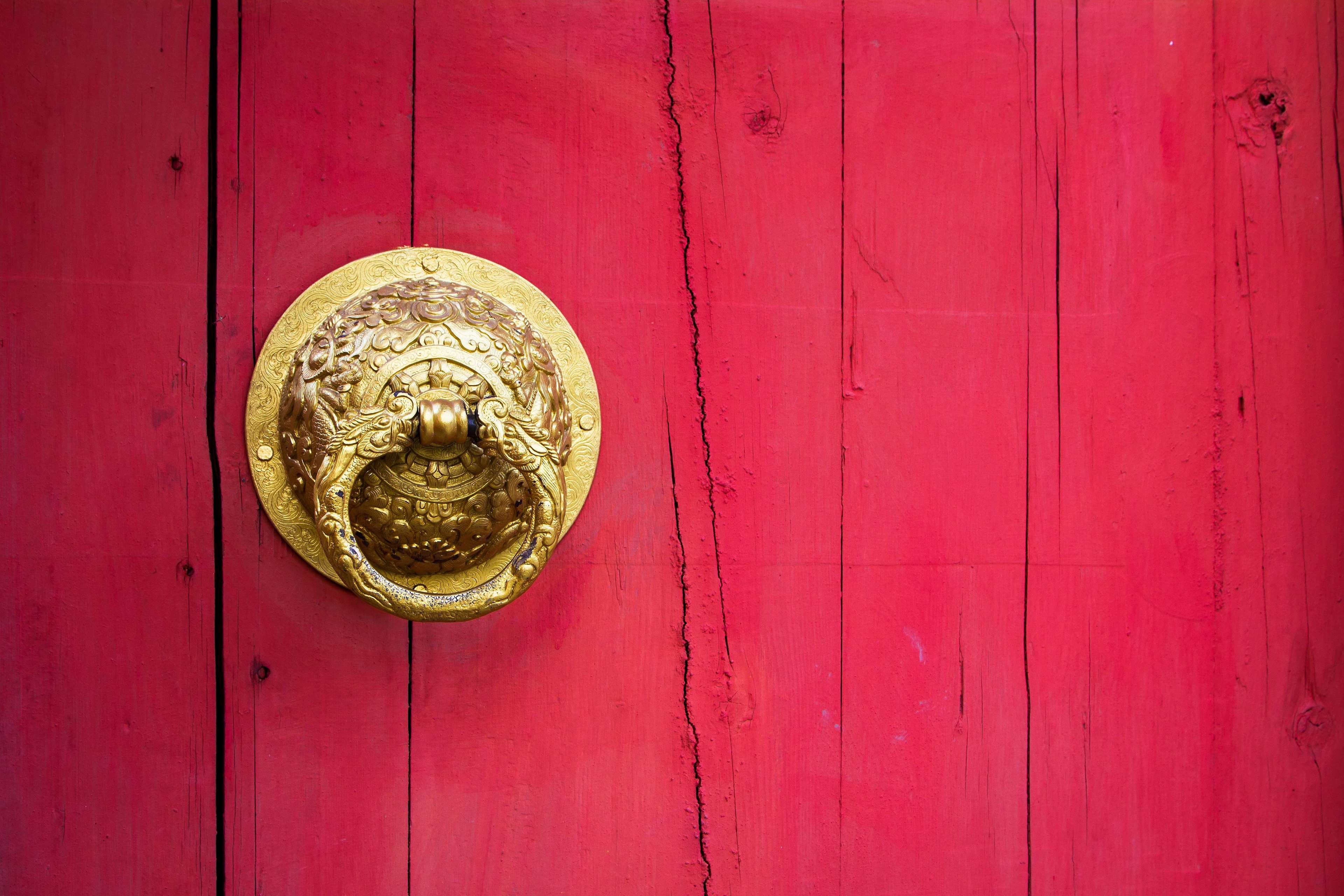 asia, ornament, tem, entrance, doorknob, pink, door, old, ornate, knocker, feline, wood - material, architecture, china, decoration, religion, asian, no people, HD Wallpaper