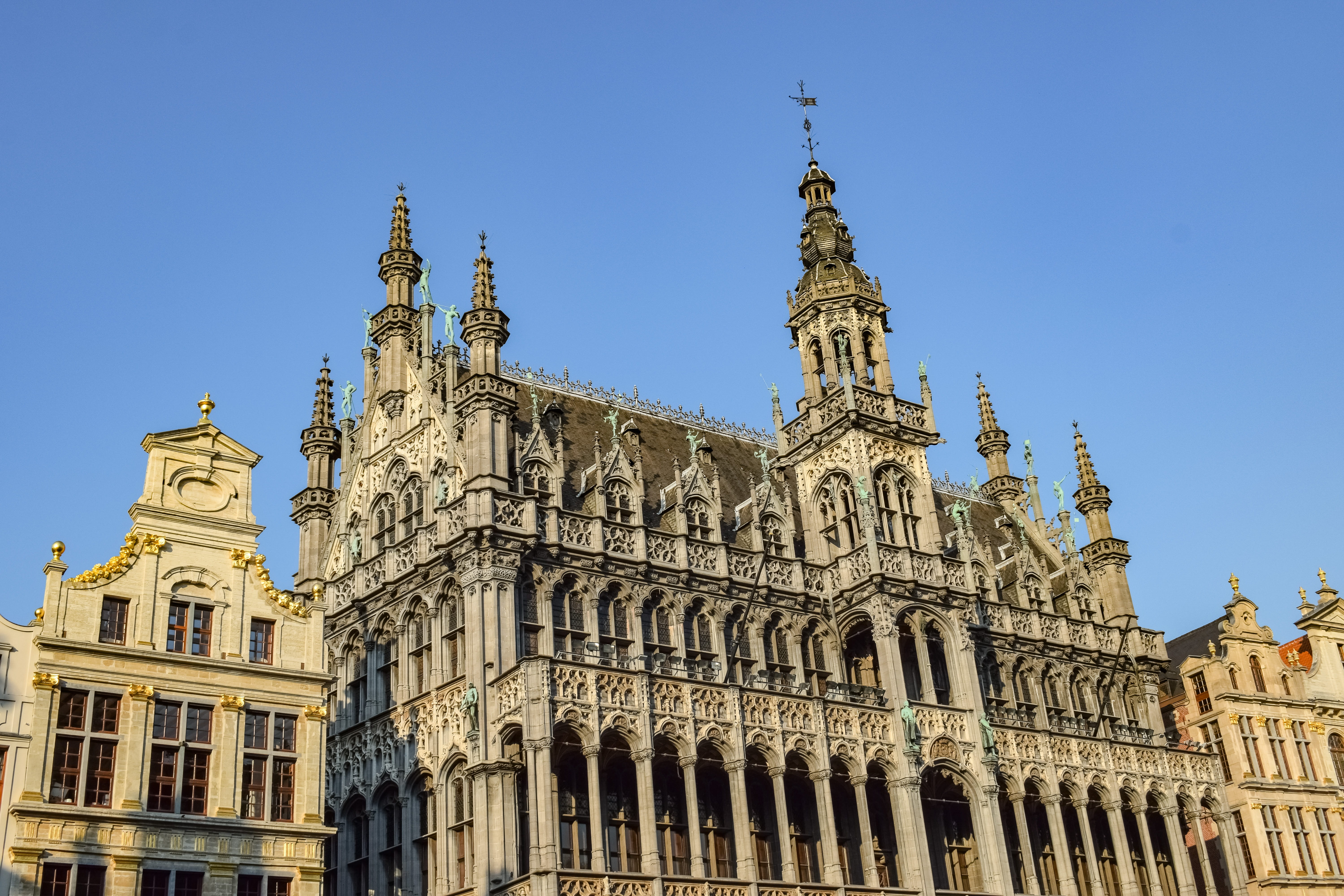 travel destinations, tower, government, europe, belgium, building exterior, clear sky, the past, city, sky, gothic style, ornate, history, tourism, place of worship, HD Wallpaper