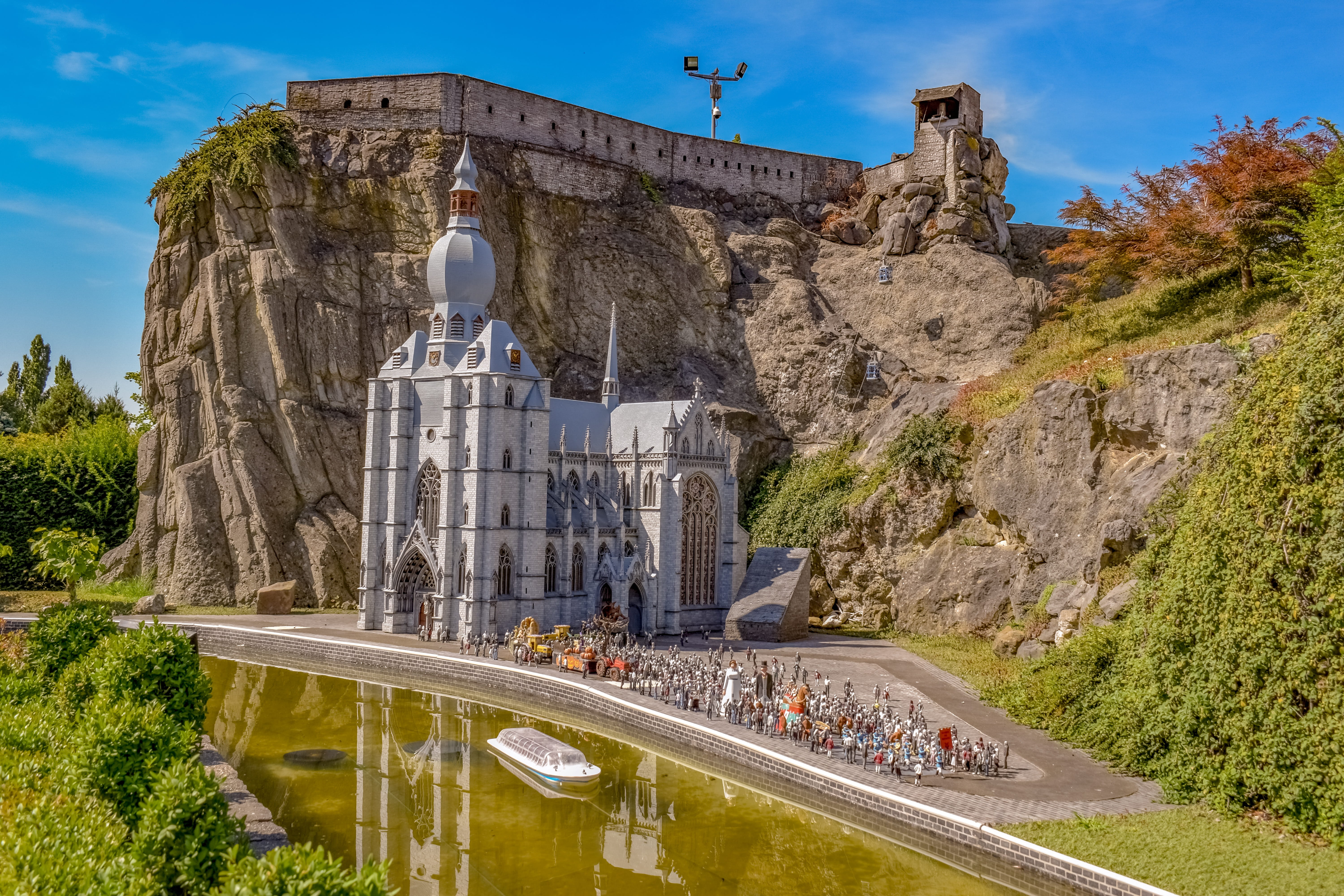 water, building, sky, travel, history, church, tree, outdoors, mini europe, 5K, belgium, the past, rock, sunlight, building exterior, incidental people, HD Wallpaper