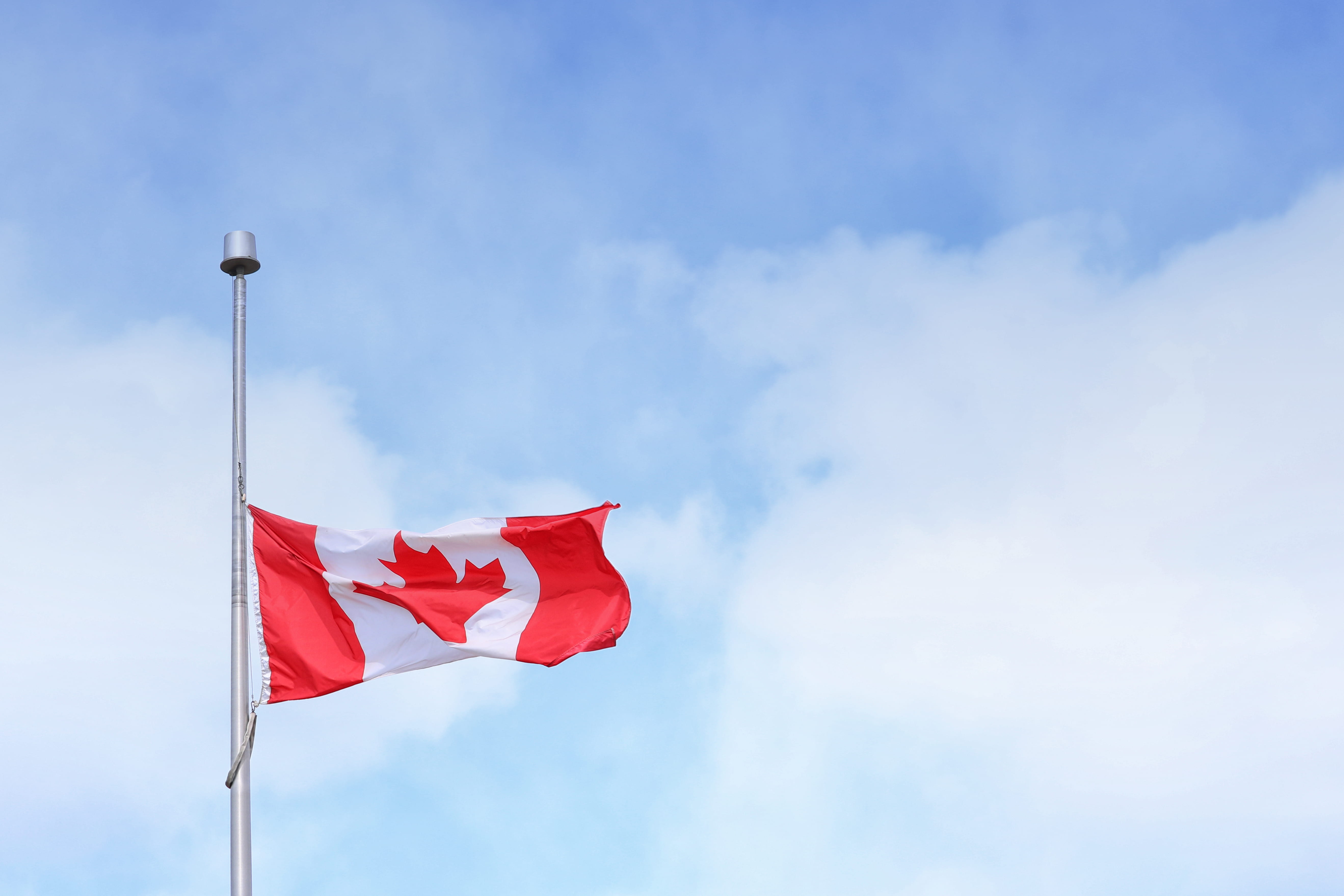 day, pole, country, sky, 5K, flagpole, cloud, white, nature, no people, canada, half-mast, white color, low angle view, clouds, leaf, flag pole, outdoors, HD Wallpaper
