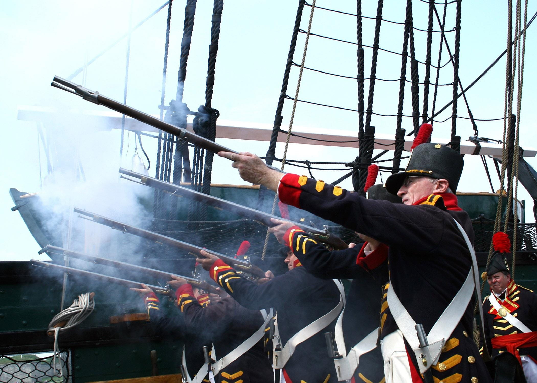 1080P, vintage, Historical, real people, occupation, old ironsides, protection, muskets, holding, standing, outdoors, transportation, Guard, headwear, HD Wallpaper