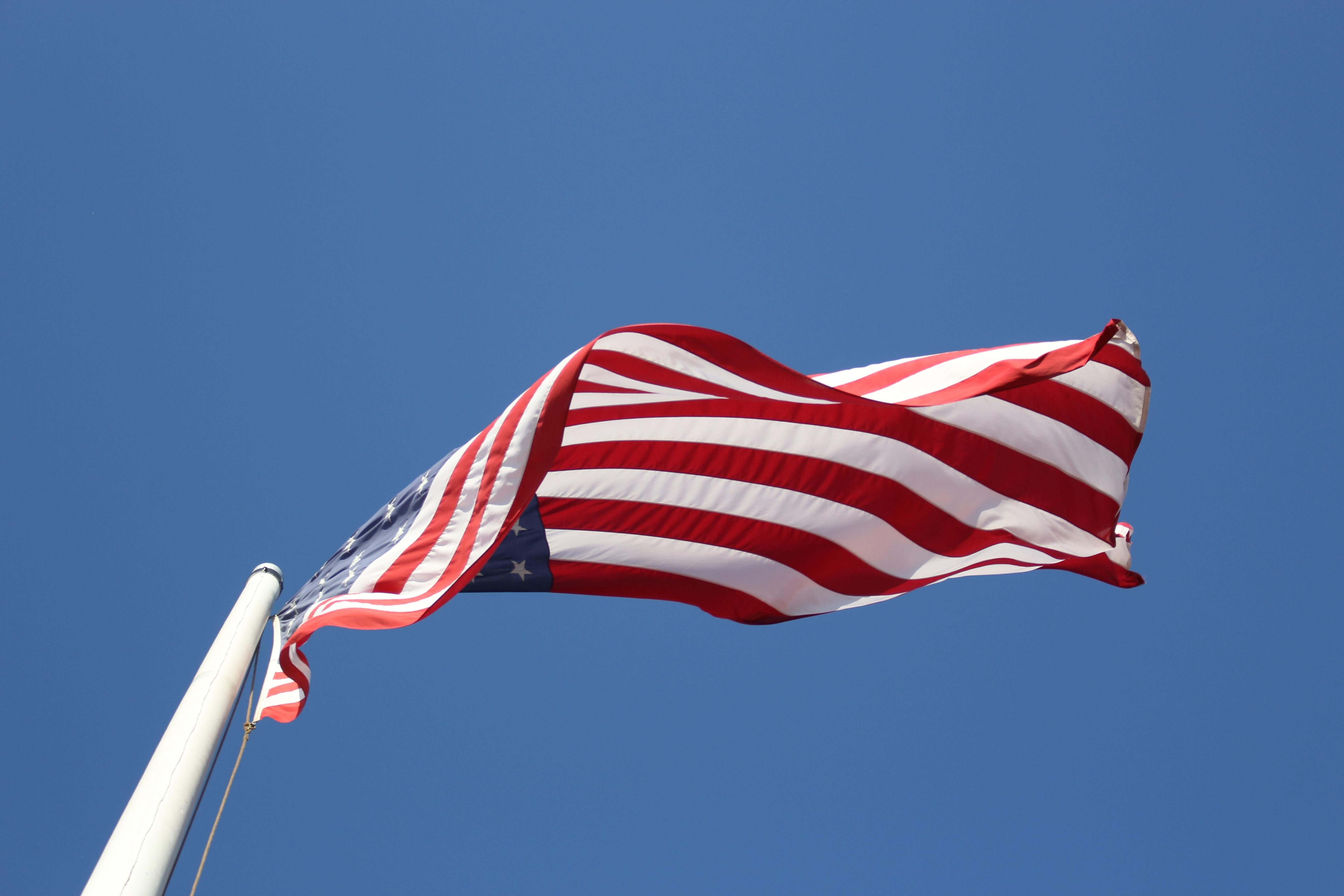 blue, independence, national icon, star shape, environment, waving, red, copy space, flag, striped, shape, no people, clear sky, low angle view, American flag, HD Wallpaper