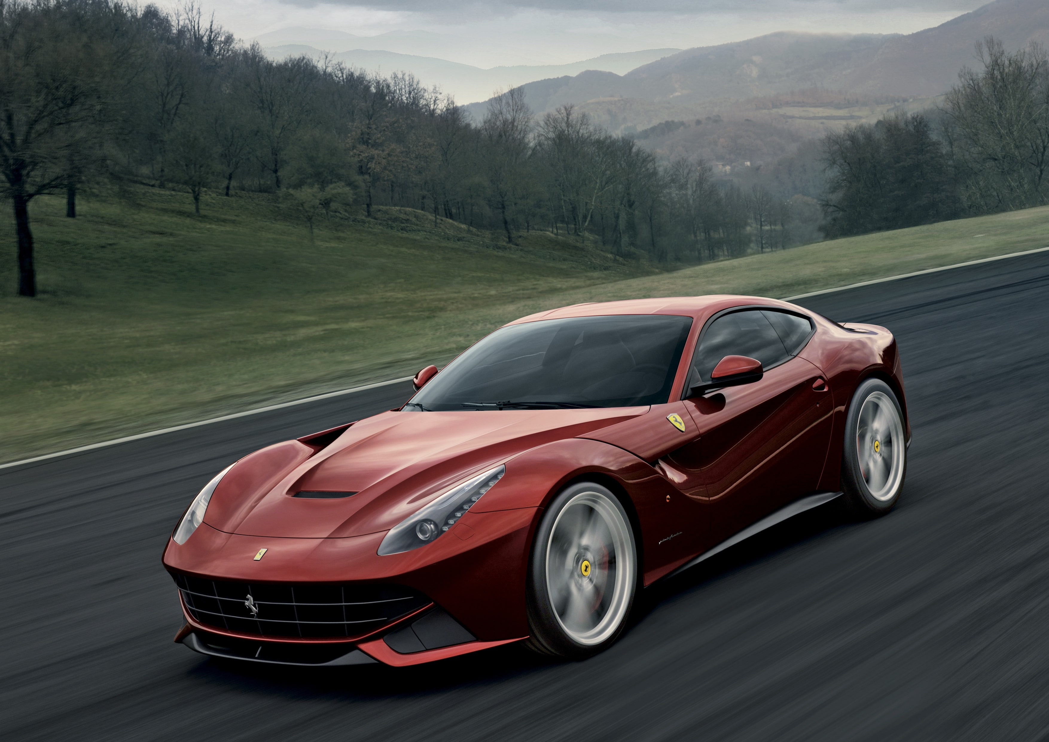 red, art, 2K, roads, ferrari, sideview, hd, cars, mountains, vehicles, side, view, Trees, front, HD Wallpaper
