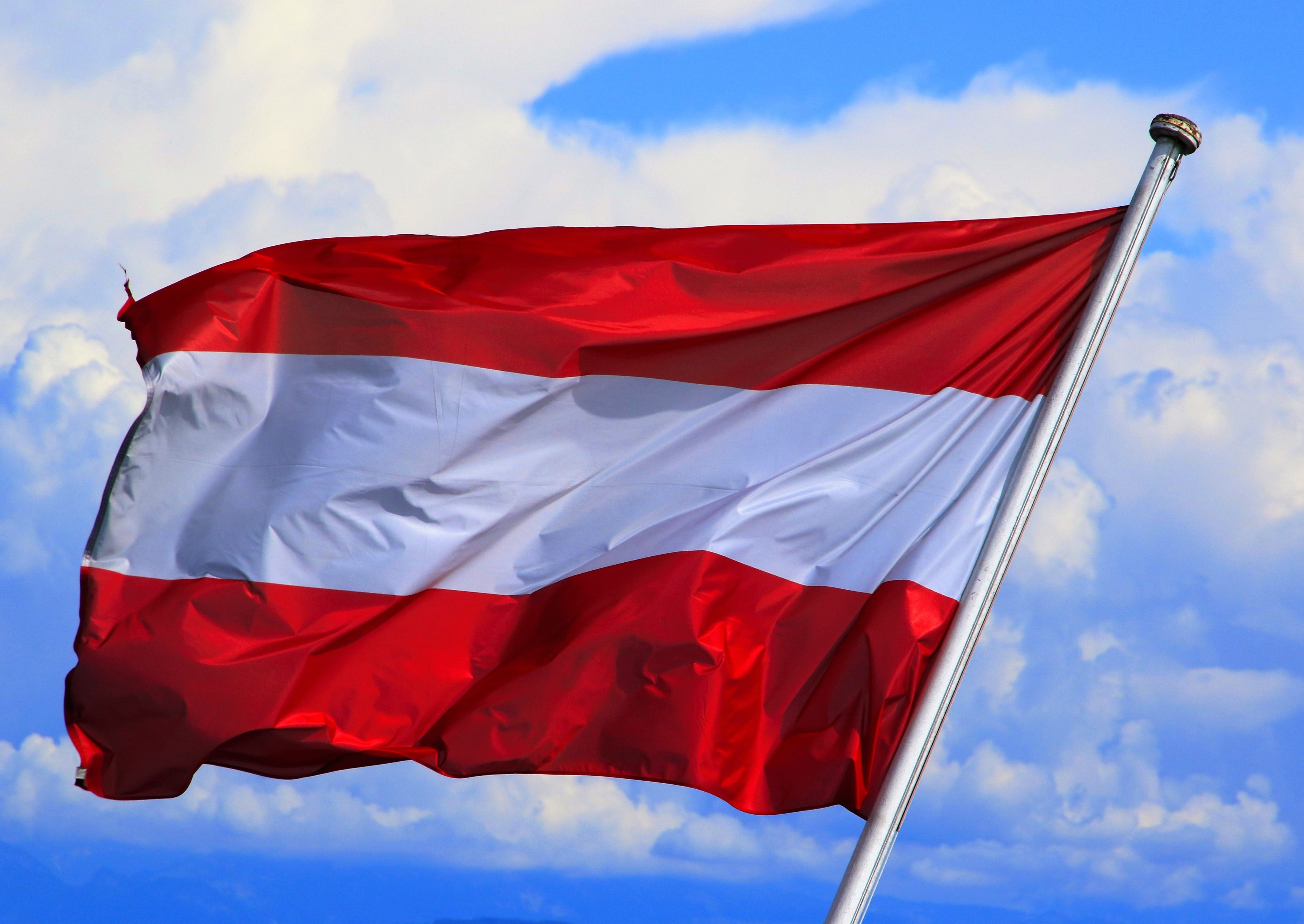 star shape, banner, patriotism, white color, day, austria, flagpole, vienna, waving, blue, outdoors, environment, cloud - sky, no people, low angle view, HD Wallpaper
