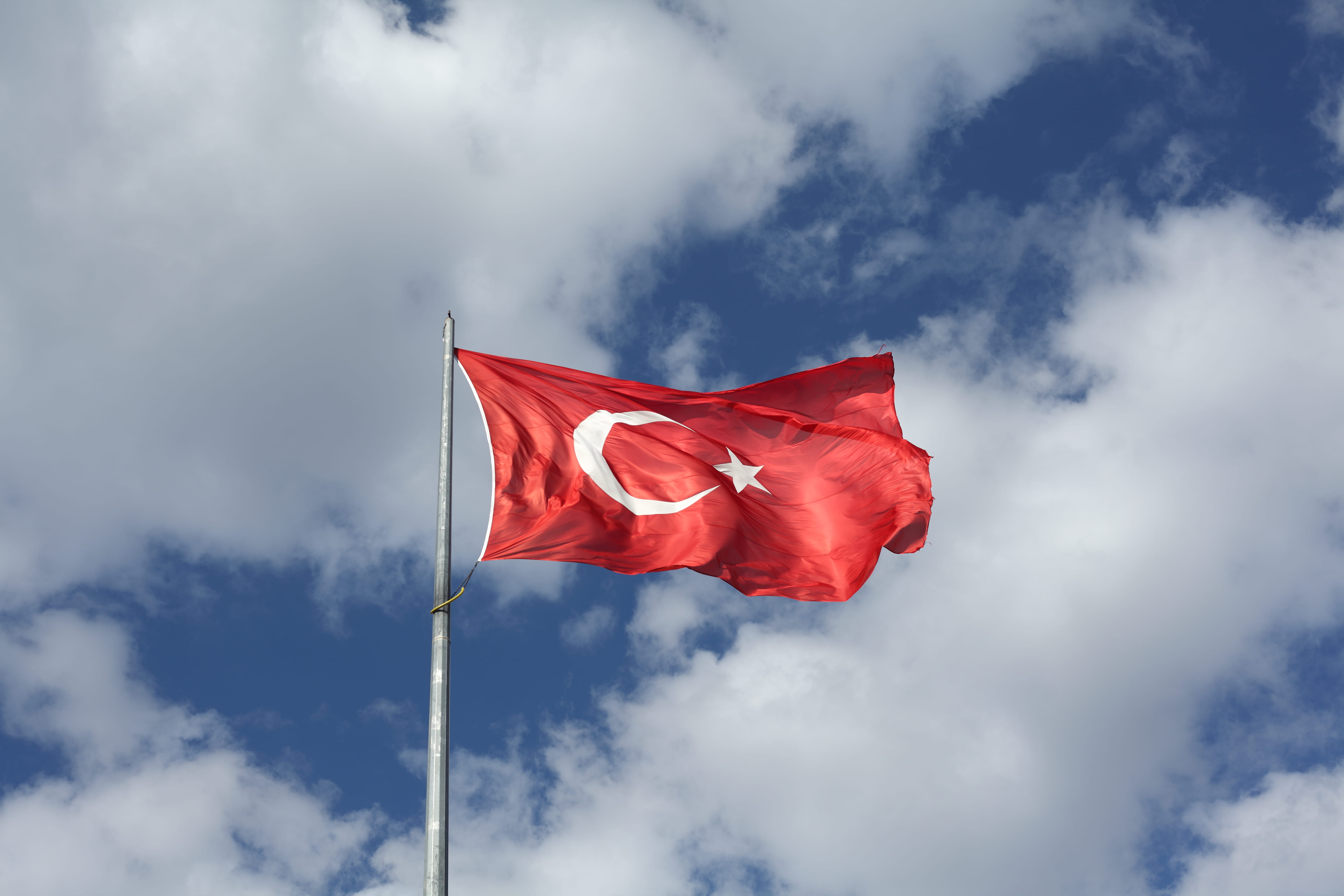 democracy, star shape, no people, 5K, flag, pole, daylight, flagpole, nature, cloud - sky, turkey, identity, environment, outdoors, wind, emotion, cloudscape, HD Wallpaper