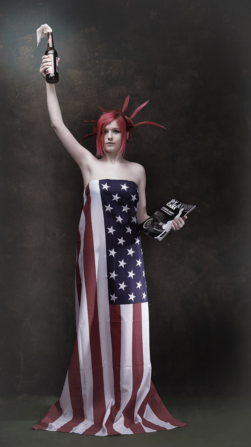 flag, 720P, Molotov, bare shoulders, model, Playboy, women, redhead, Stars and Stripes, arms up, Phone HD Wallpaper