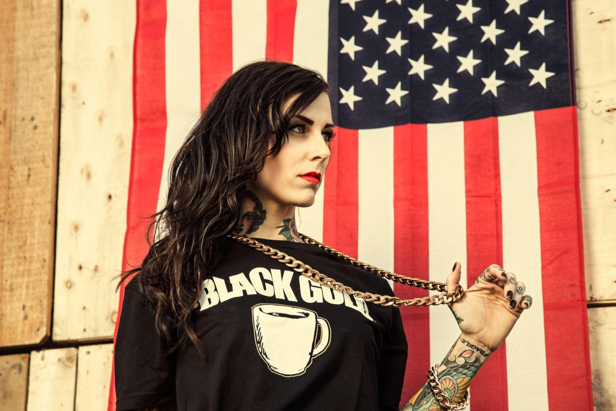 flag, chains, tattoo, 1080P, filter, Stars and Stripes, model, red lipstick, HD Wallpaper