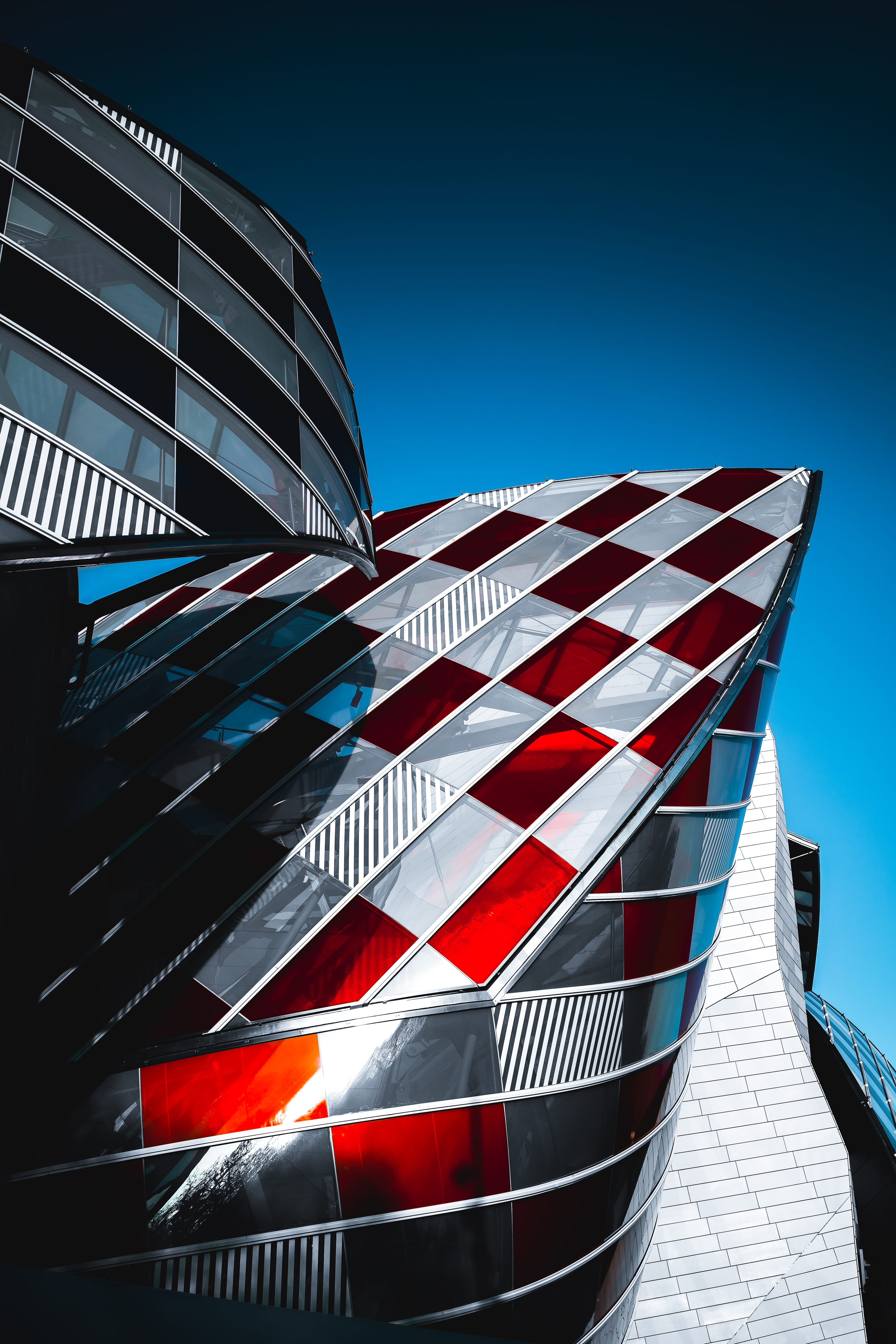 communication, photography, worms eye view, glass, black, exterior, reflection, no people, red glass, urban Scene, striped, sunlight, facade, building Exterior, Phone HD Wallpaper