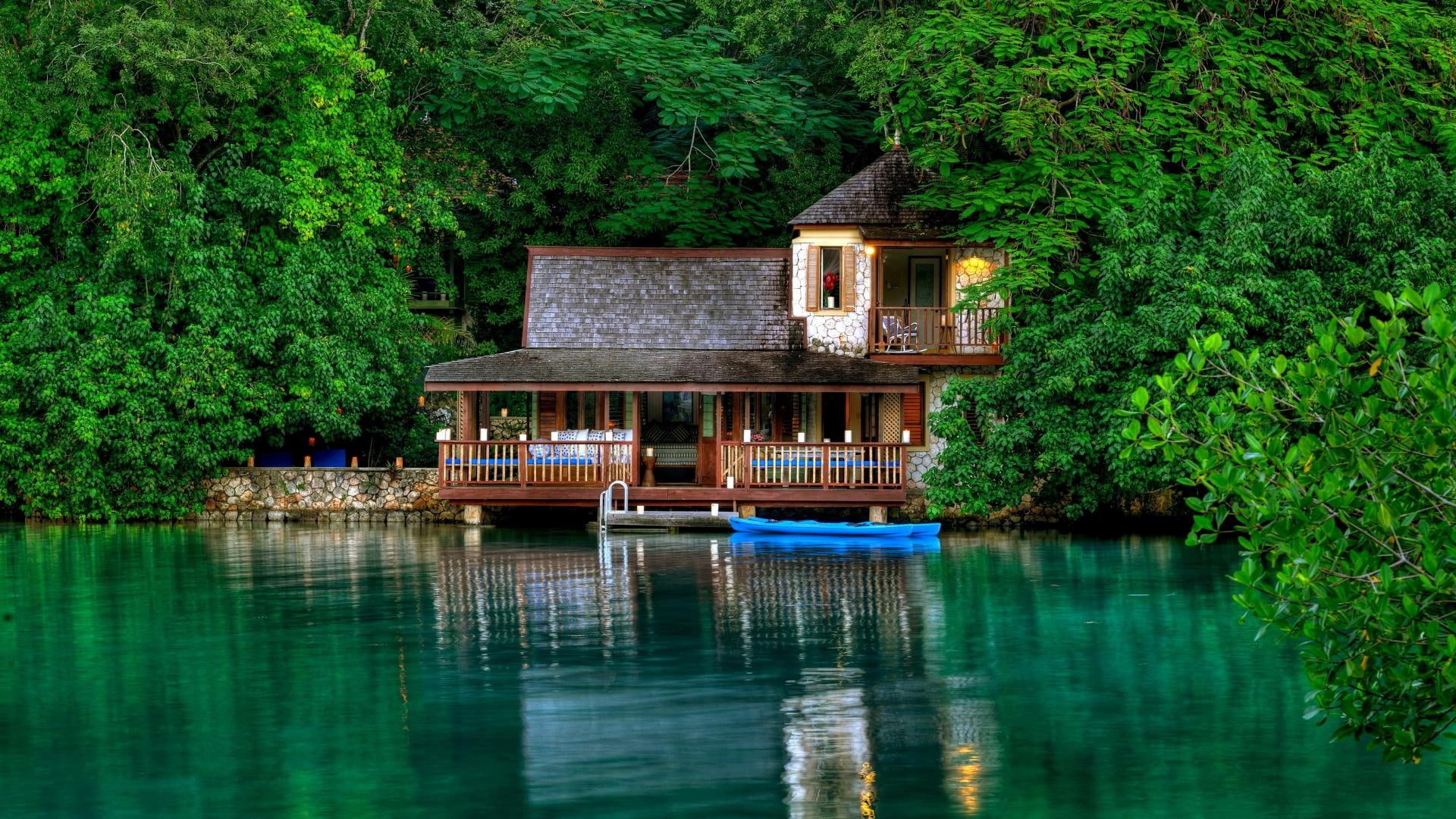 1080P, resort, boats, forest, jamaica, lagoon, nature and landscapes, goldeneye, HD Wallpaper