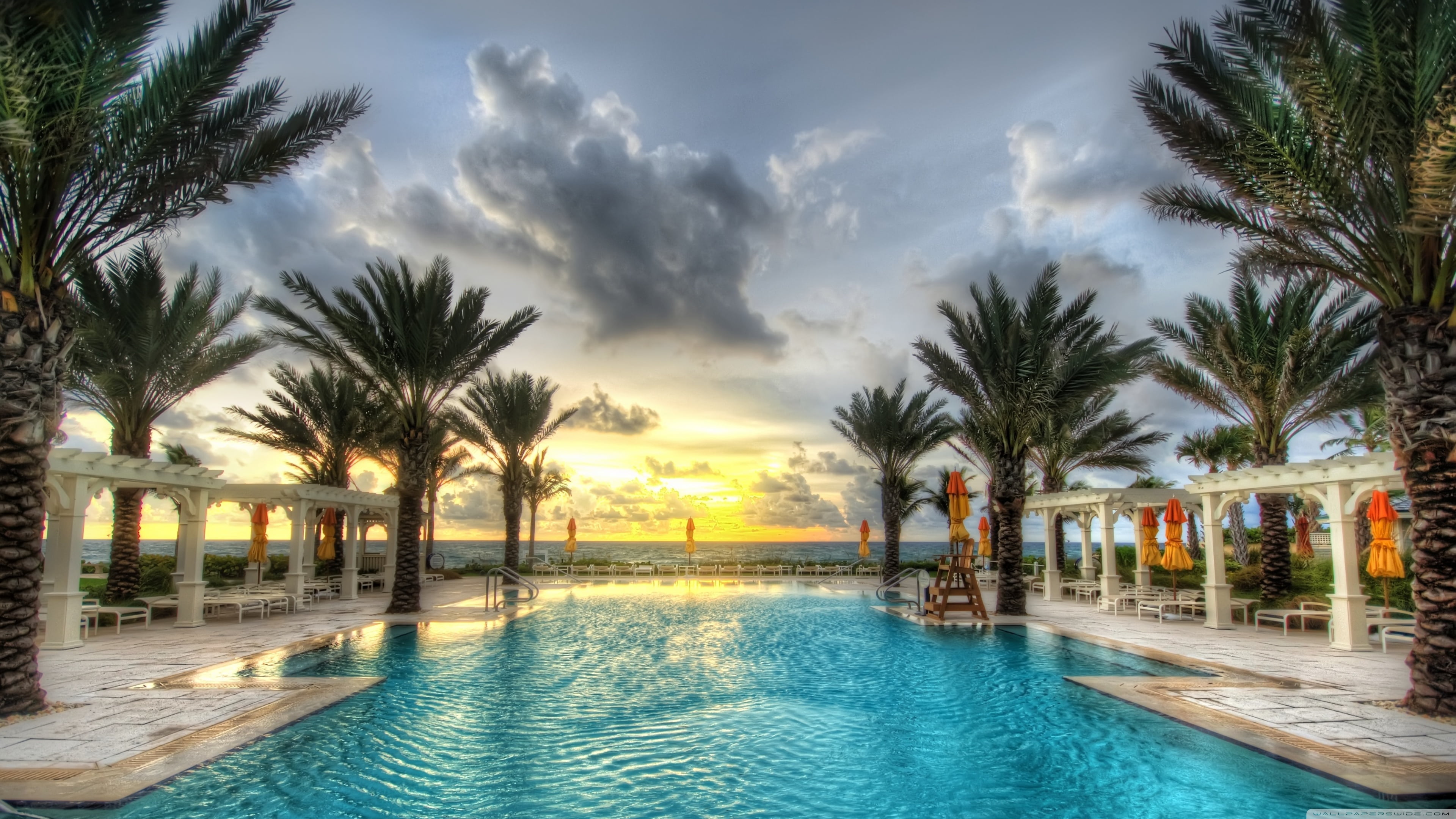 4K, nature, tourist resort, plant, hd, tree, tropical climate, jamaica, cloud - sky, sunset, no people, water, pool, outdoors, sea, palm, luxury, beauty in nature, HD Wallpaper