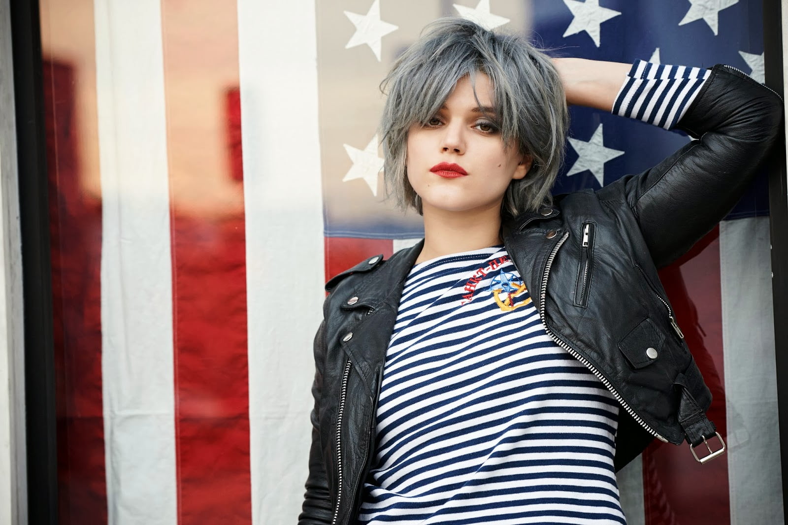 women, grey hair, SoKo, striped tops, 720P, black jackets, French, American flag, singer, french women, HD Wallpaper