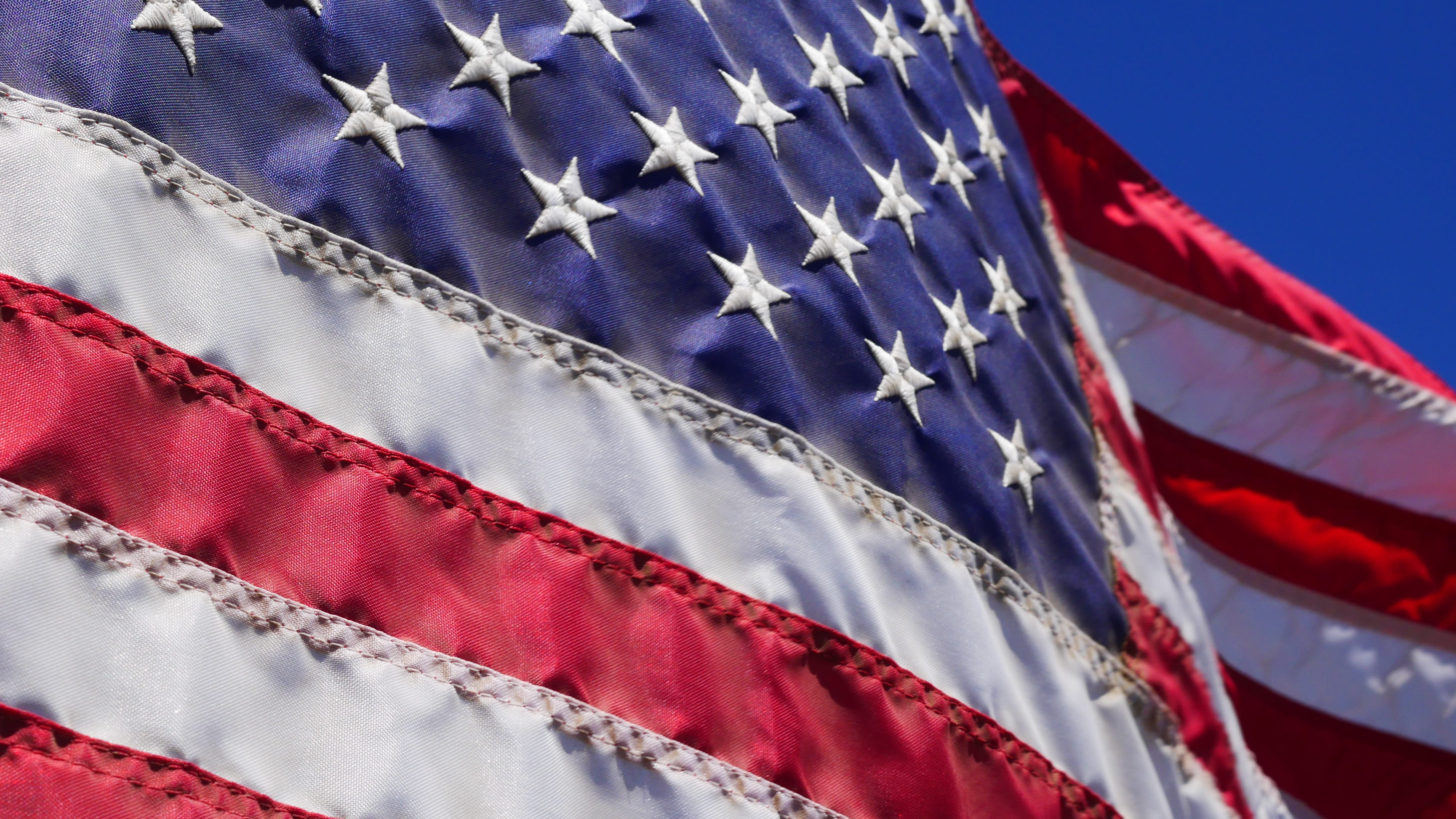 close-up, white color, star shape, textile, low angle view, red, american flag, outdoors, day, striped, patriotism, wind, us flag, blue, democracy, no people, HD Wallpaper