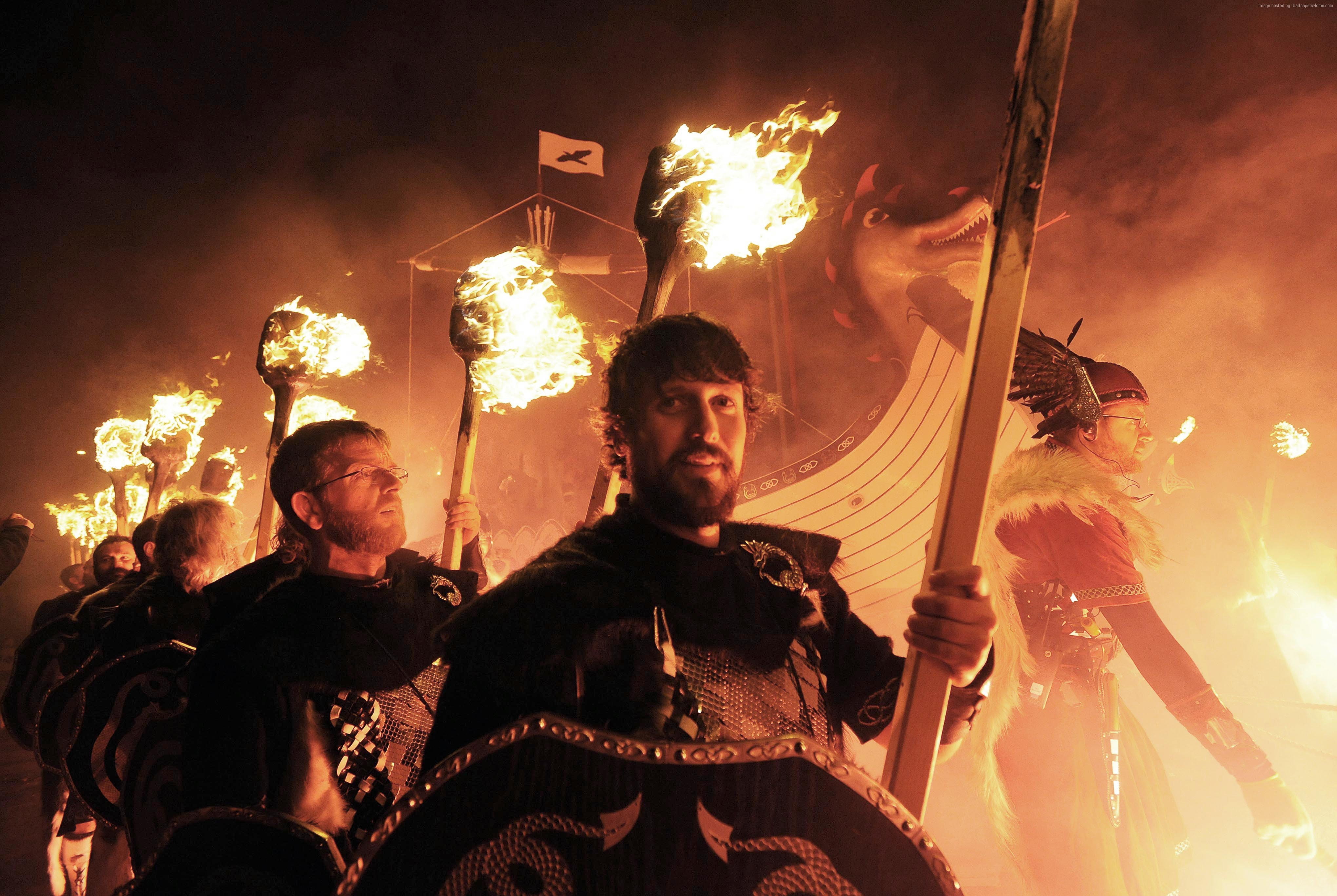 Scotland, Up-Helly-Аa, torchlight procession, 4K, festival, event, Vikings, fire, HD Wallpaper