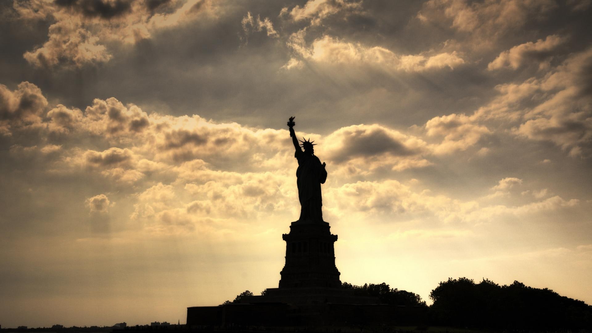 1080P, nature and landscapes, liberty, lady, sunset, silhouette, statue, clouds, HD Wallpaper