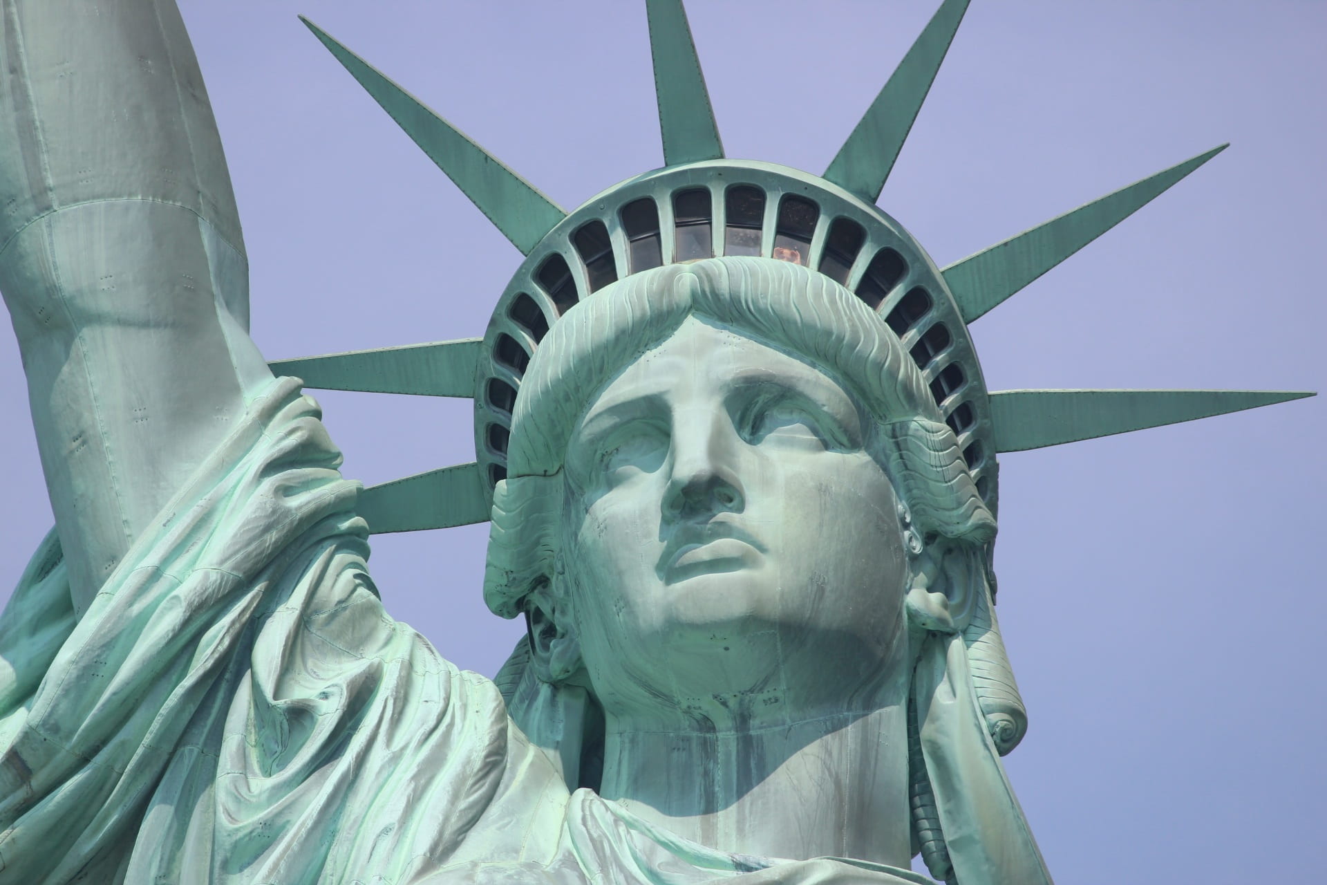 lady, sculpture, 1080P, female likeness, independence, dom, america, representation, usa, low angle view, art and craft, human representation, manhattan, HD Wallpaper