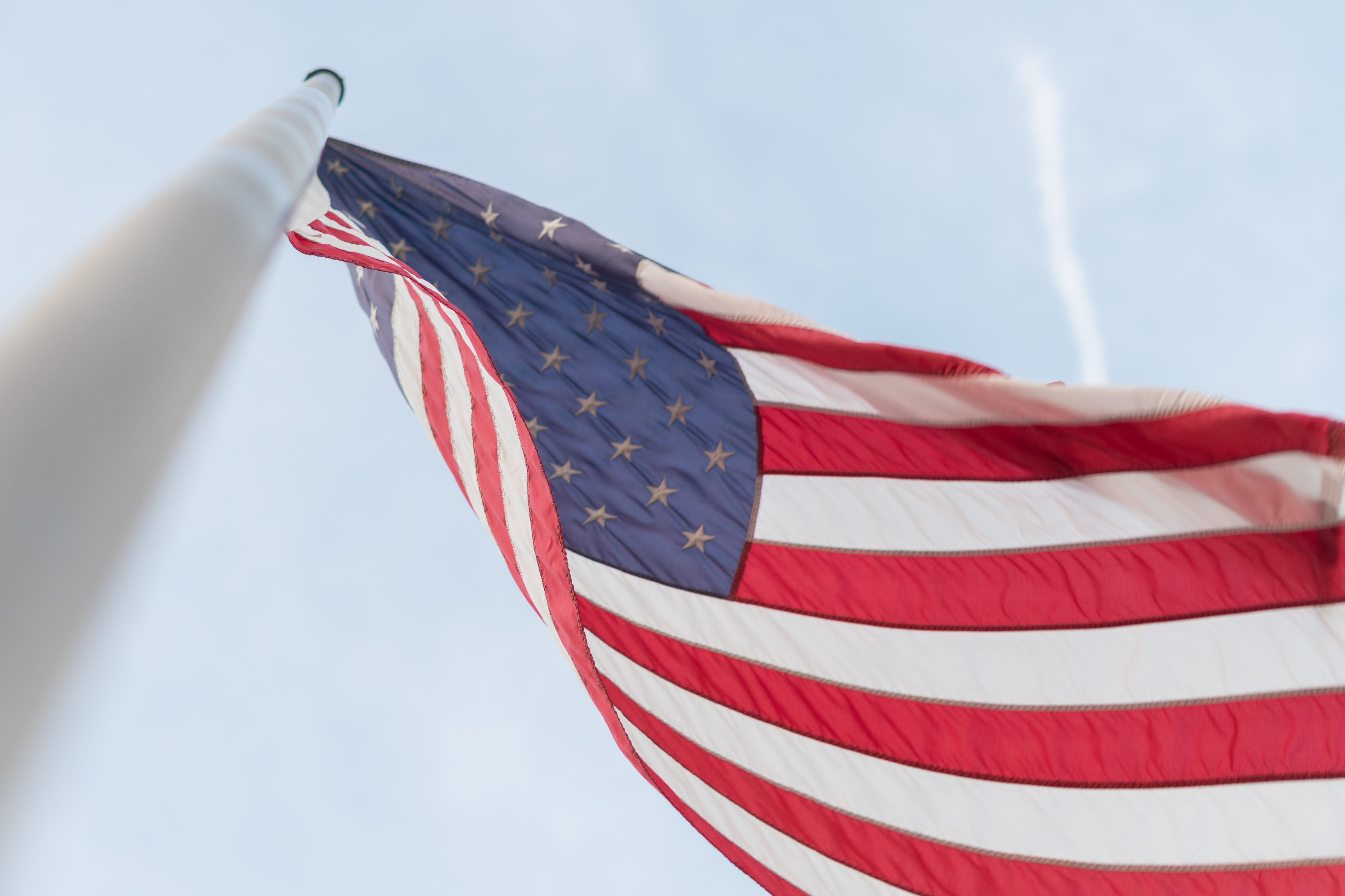 national icon, outdoors, flag pole, low angle view, usa flag, politics, tennessee, blue, wind, 5K, striped, united states, citizen, symbol, politician, HD Wallpaper