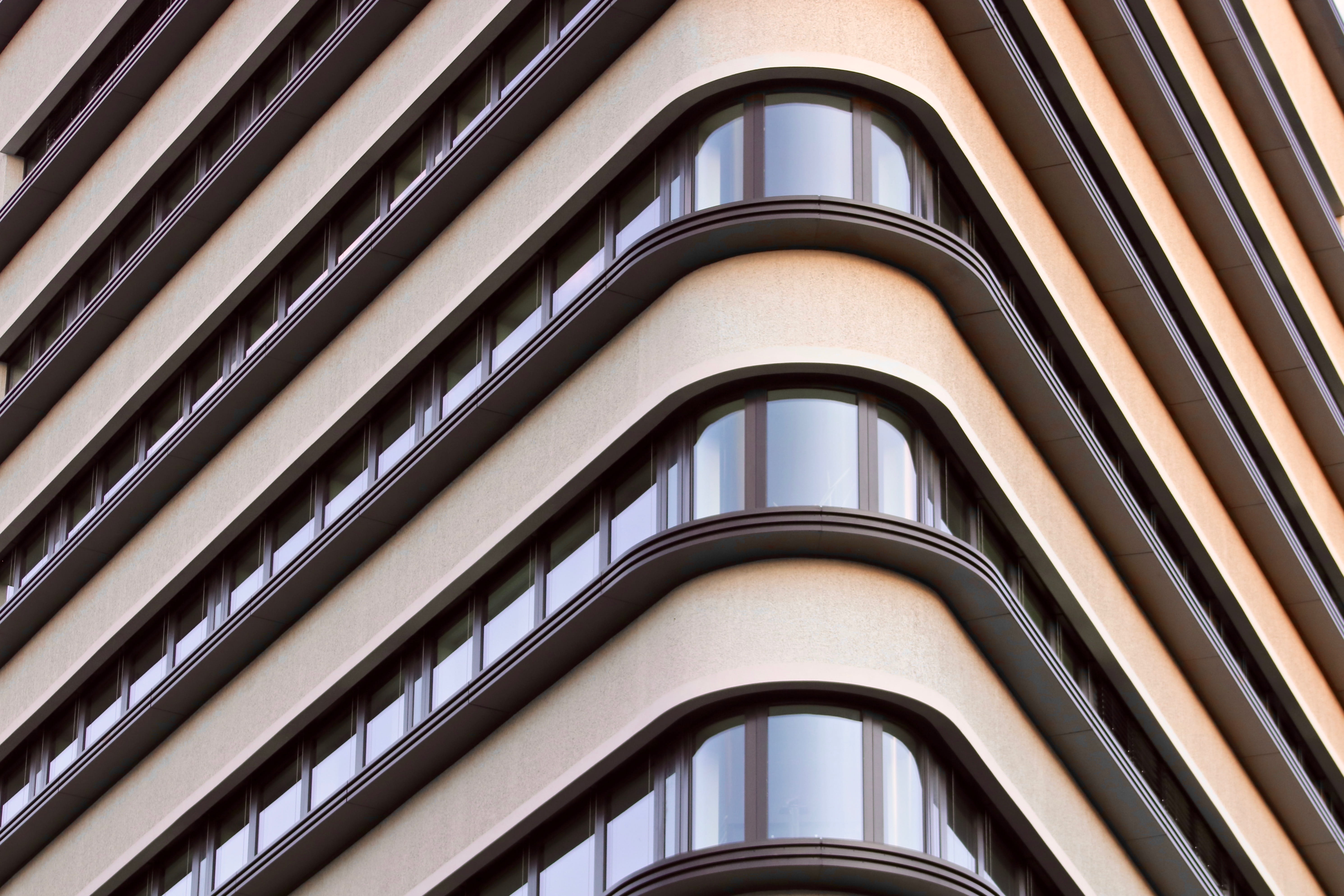 close-up, city, in a row, building, corner, concrete, new building, low angle view, leipzig, built structure, downtown, spiral, repetition, design, window, HD Wallpaper
