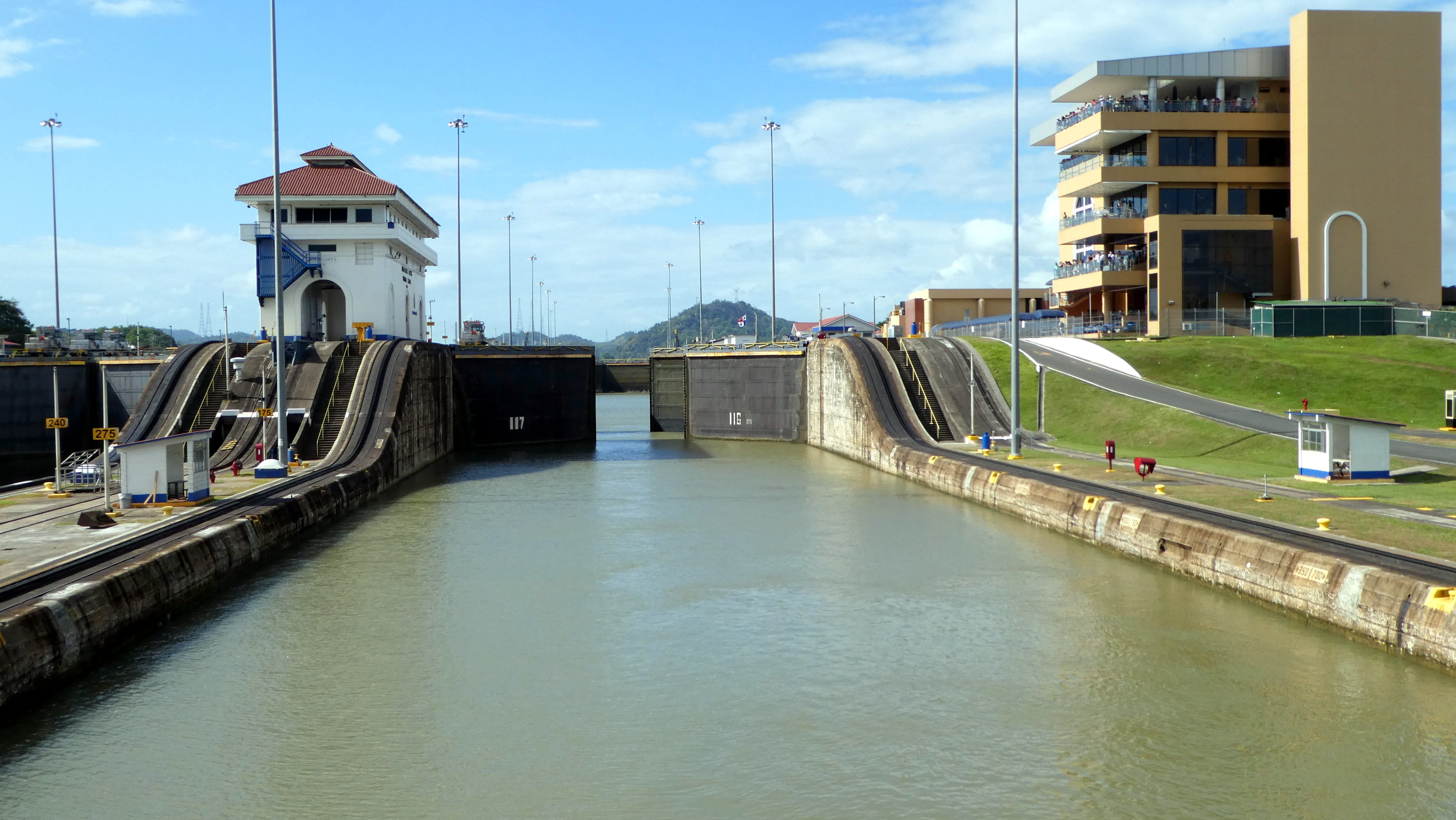 panama, channel, bridge, sky, waterfront, transportation, city, no people, panama canal, day, architecture, canal, 4K, building, bridge - man made structure, HD Wallpaper