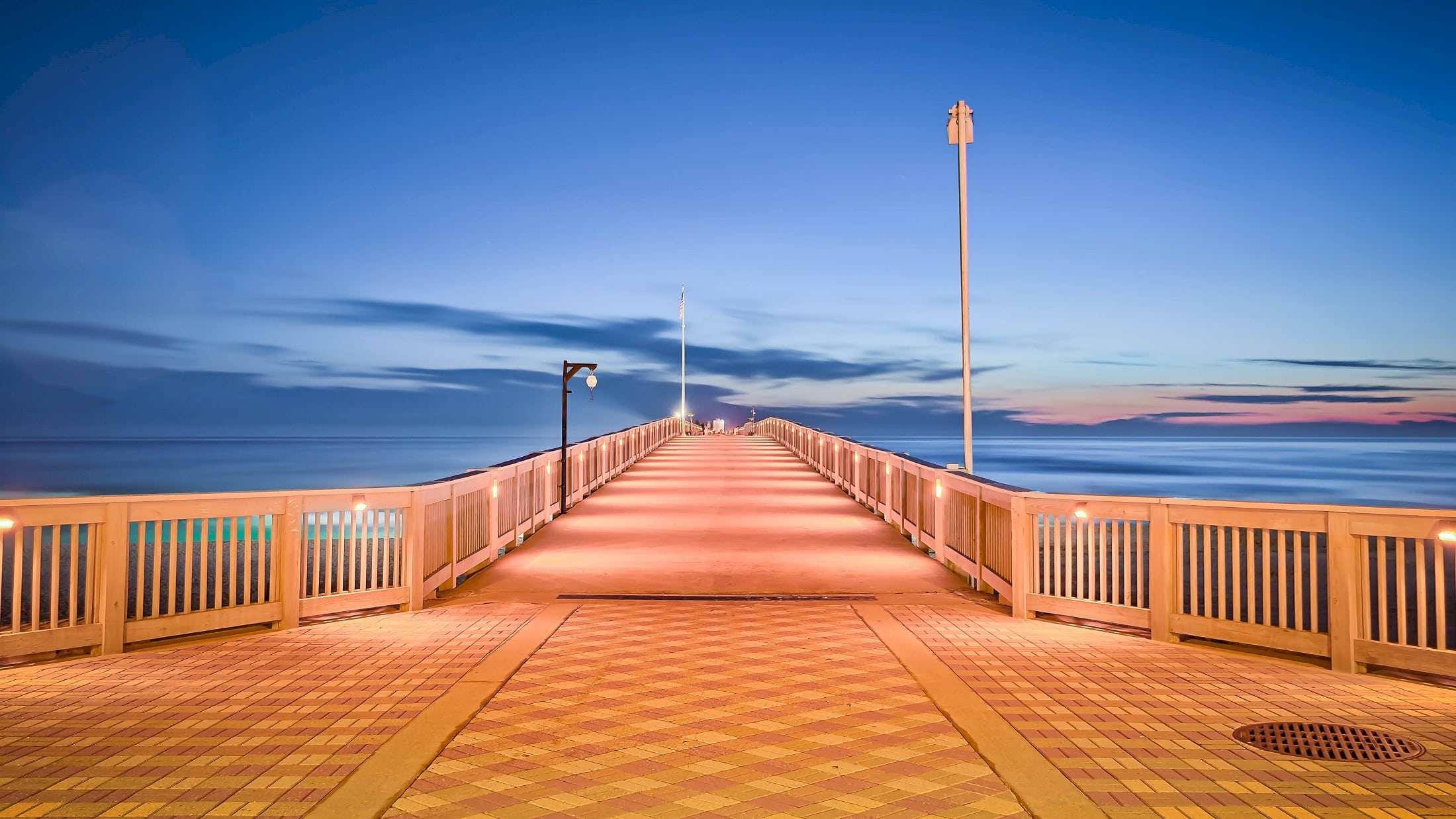 horizon over water, mountains, land, travel, horizon, sky, ocean, pier park, clouds, architecture, built structure, usa, yellow, pier, peaceful, nature, HD Wallpaper