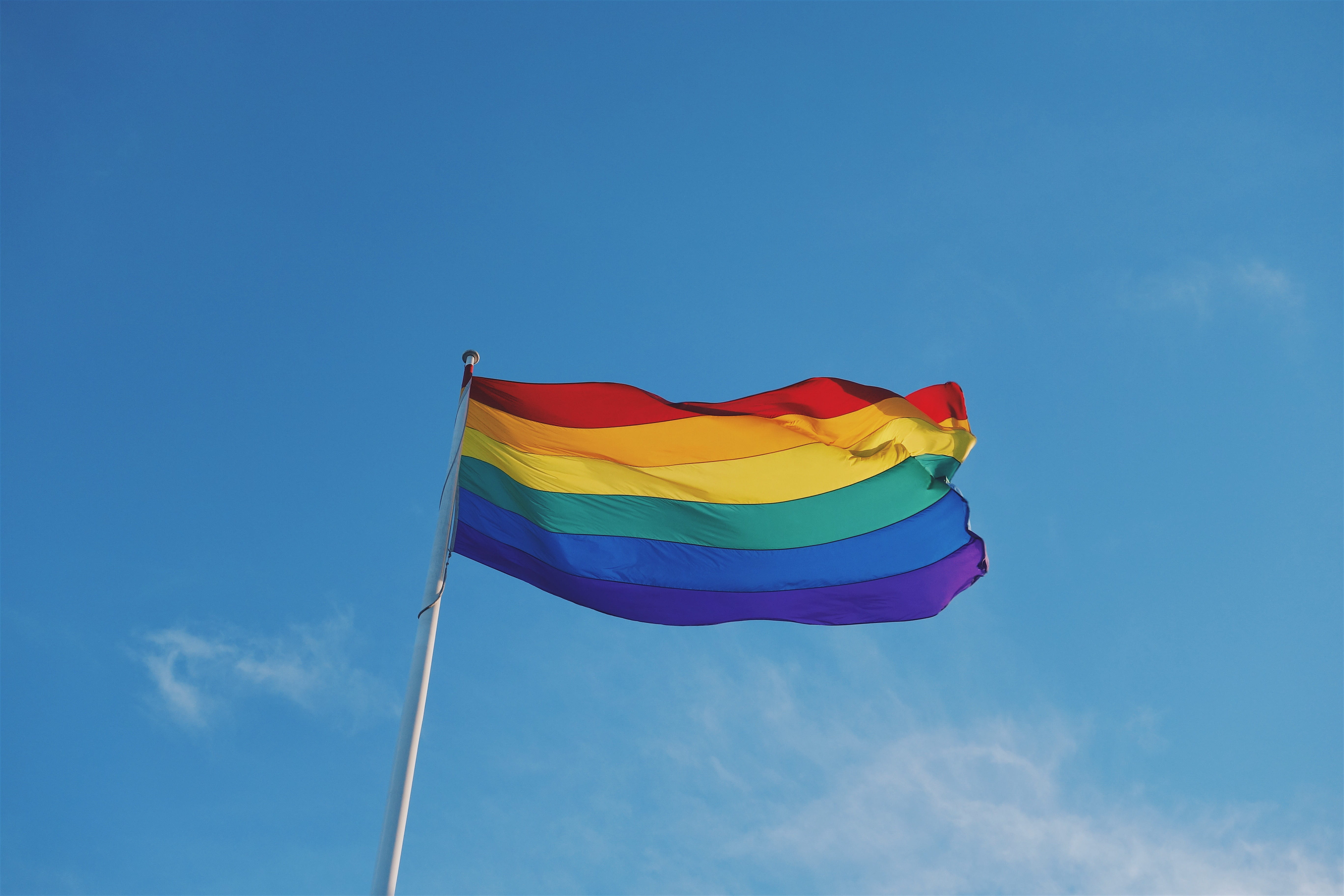gay parade, nature, no people, pole, blue, multicolored, red, environment, outdoors, rainbow, freedom, striped, flag, sky, low angle view, day, 5K, multi colored, HD Wallpaper
