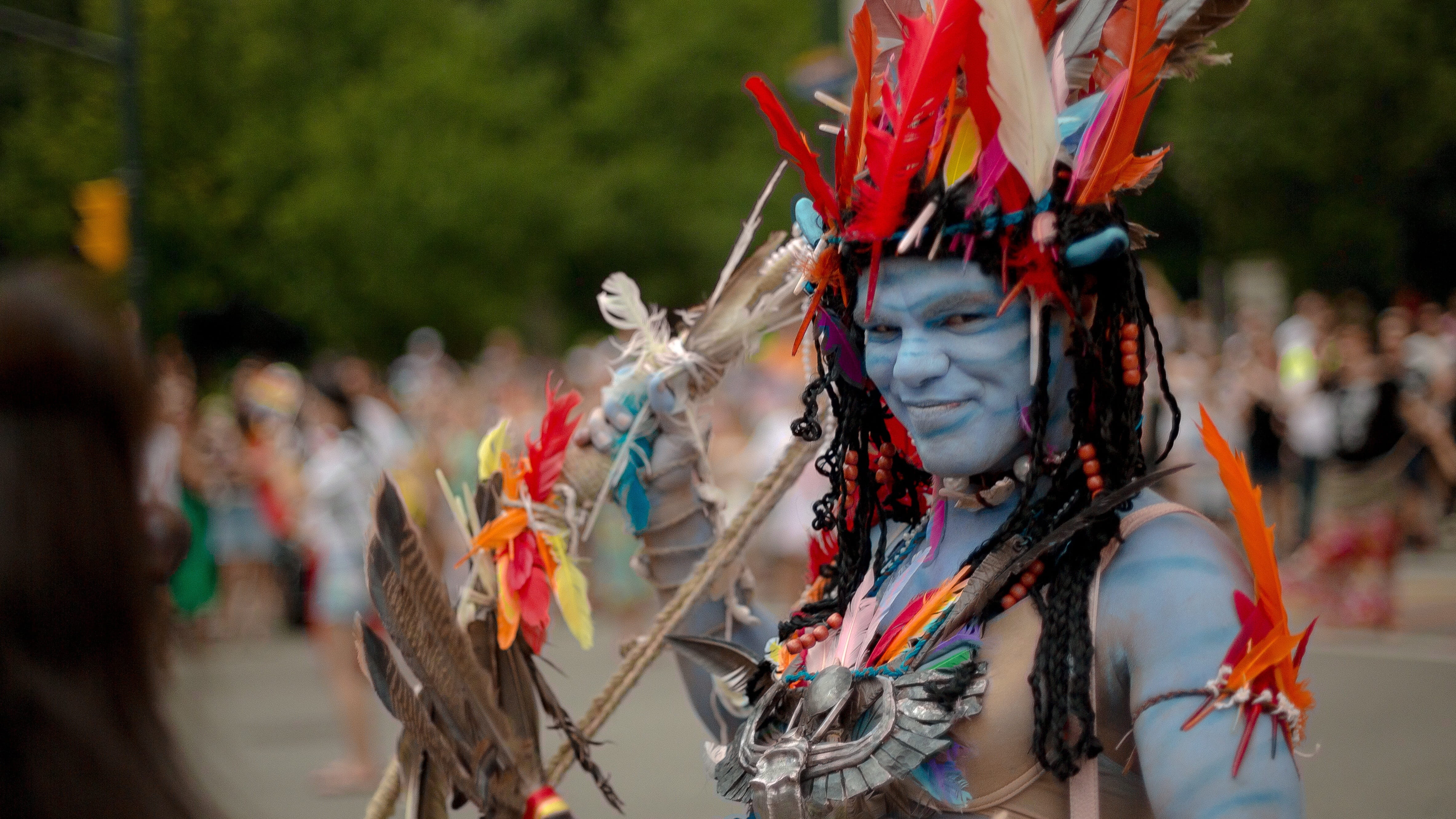 adult, festival, front view, gay pride festival, feathers, avatar, incidental people, young adult, expression, outdoors, london ontario, 4K, dress up, HD Wallpaper