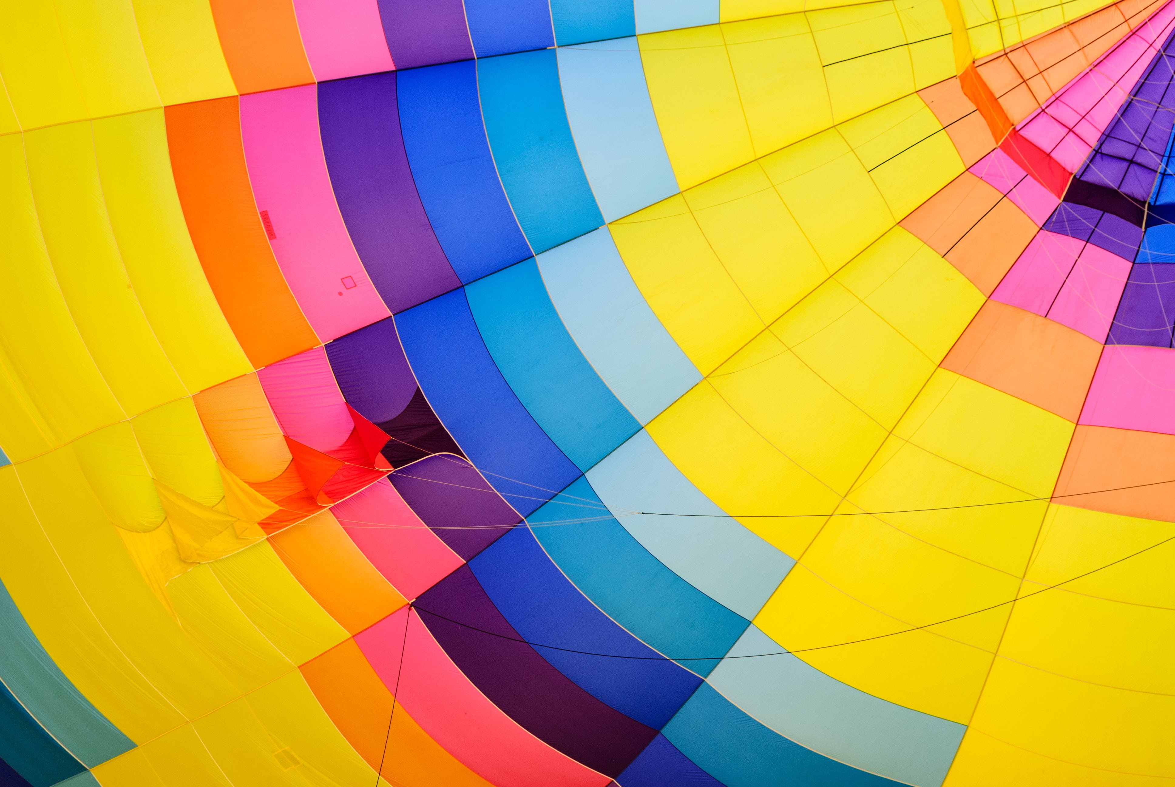 hot-air balloon, 4K, mosaic, colorful, yellow, blue, canopy, outdoors, pattern, full frame, flying, colourful, ropes, extreme sports, geometric, nature, HD Wallpaper