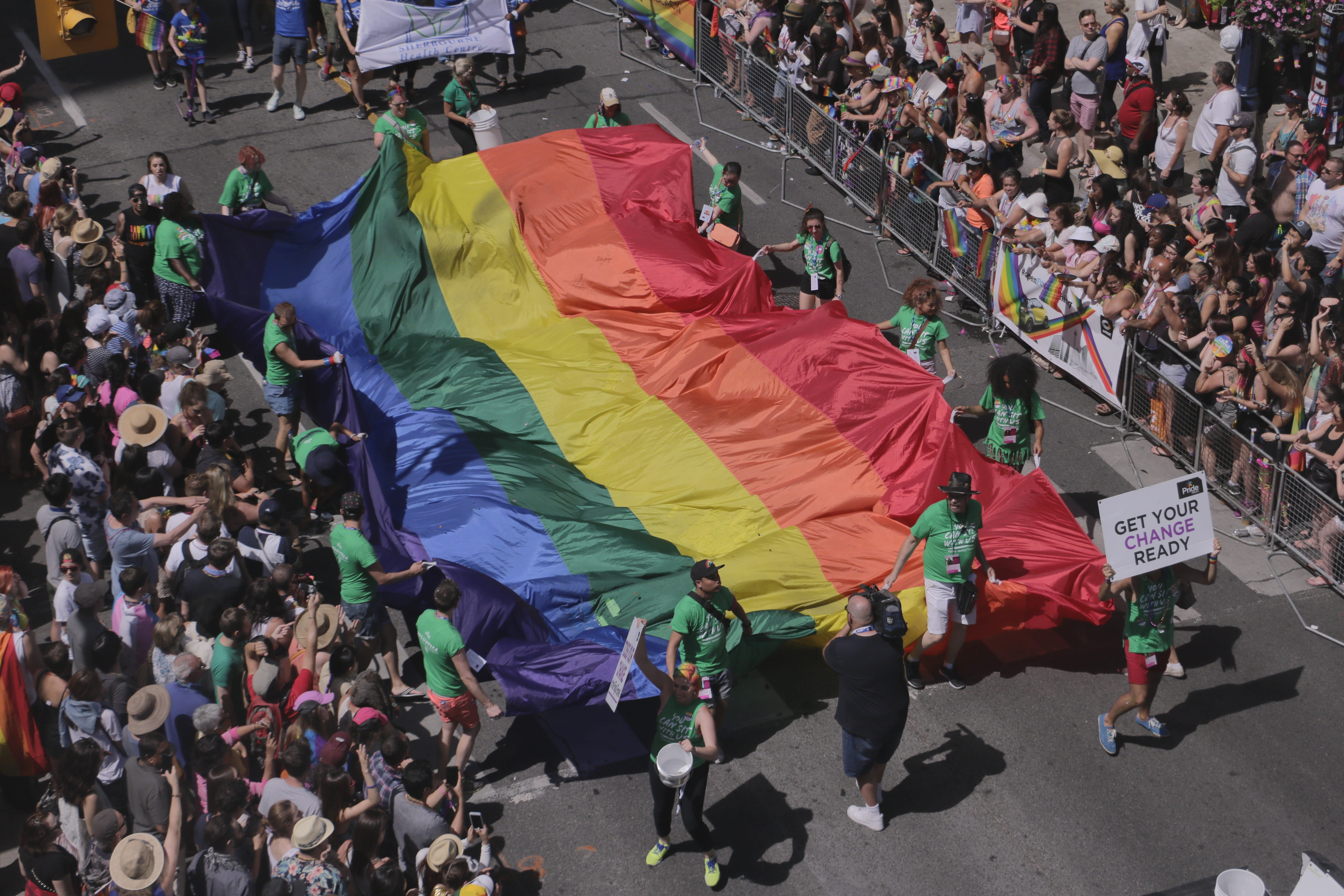 stripes, city, Pride, july, lesbian, protestor, architecture, festival, Flag, street, group of people, high angle view, Toronto, Pride Flag, textile, pride parade, HD Wallpaper