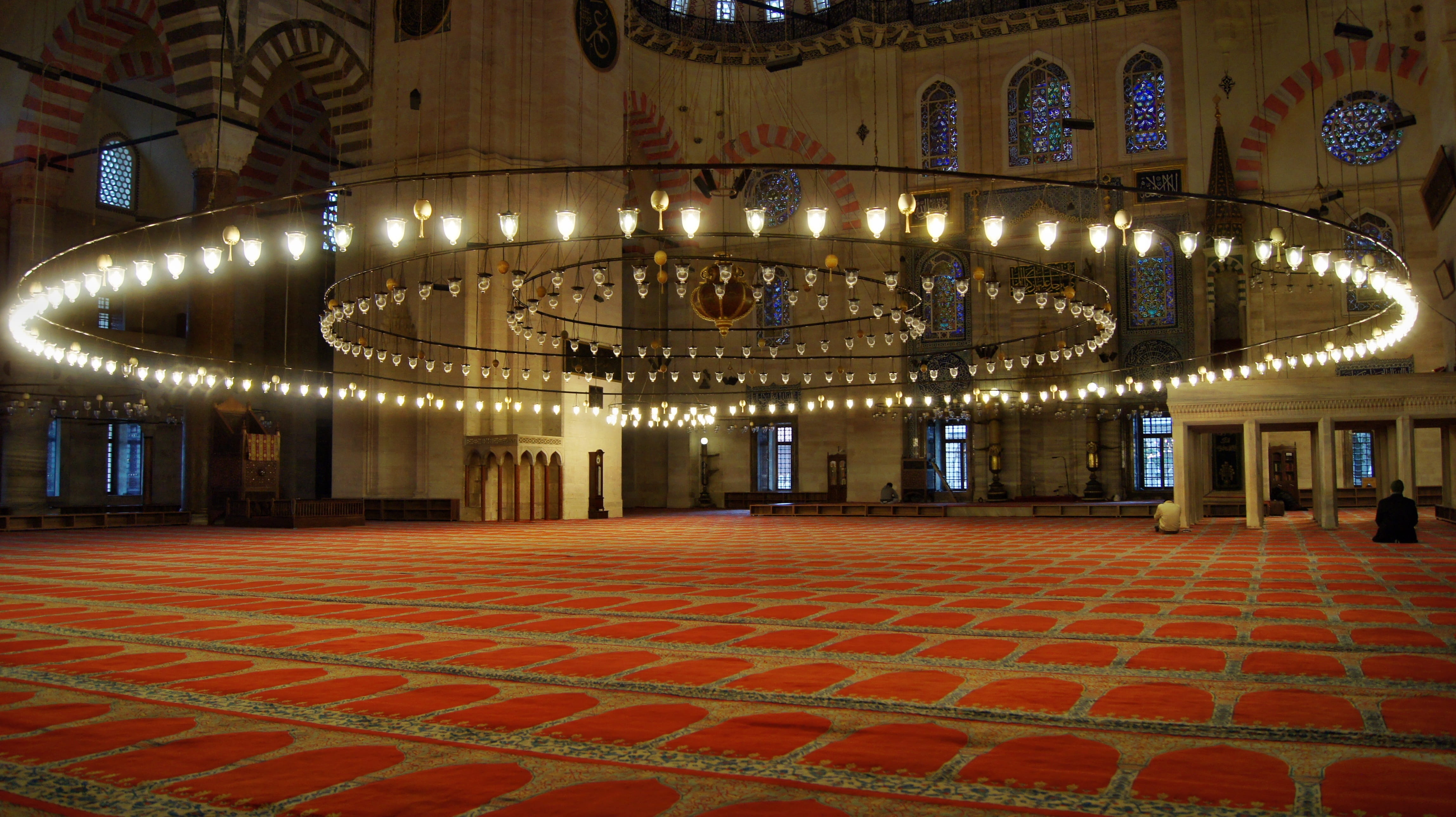 4K, decoration, empty, built structure, travel destinations, illuminated, design, history, indoors, stadium, Blue Mosque, round, seat, pattern, lighting equipment, HD Wallpaper