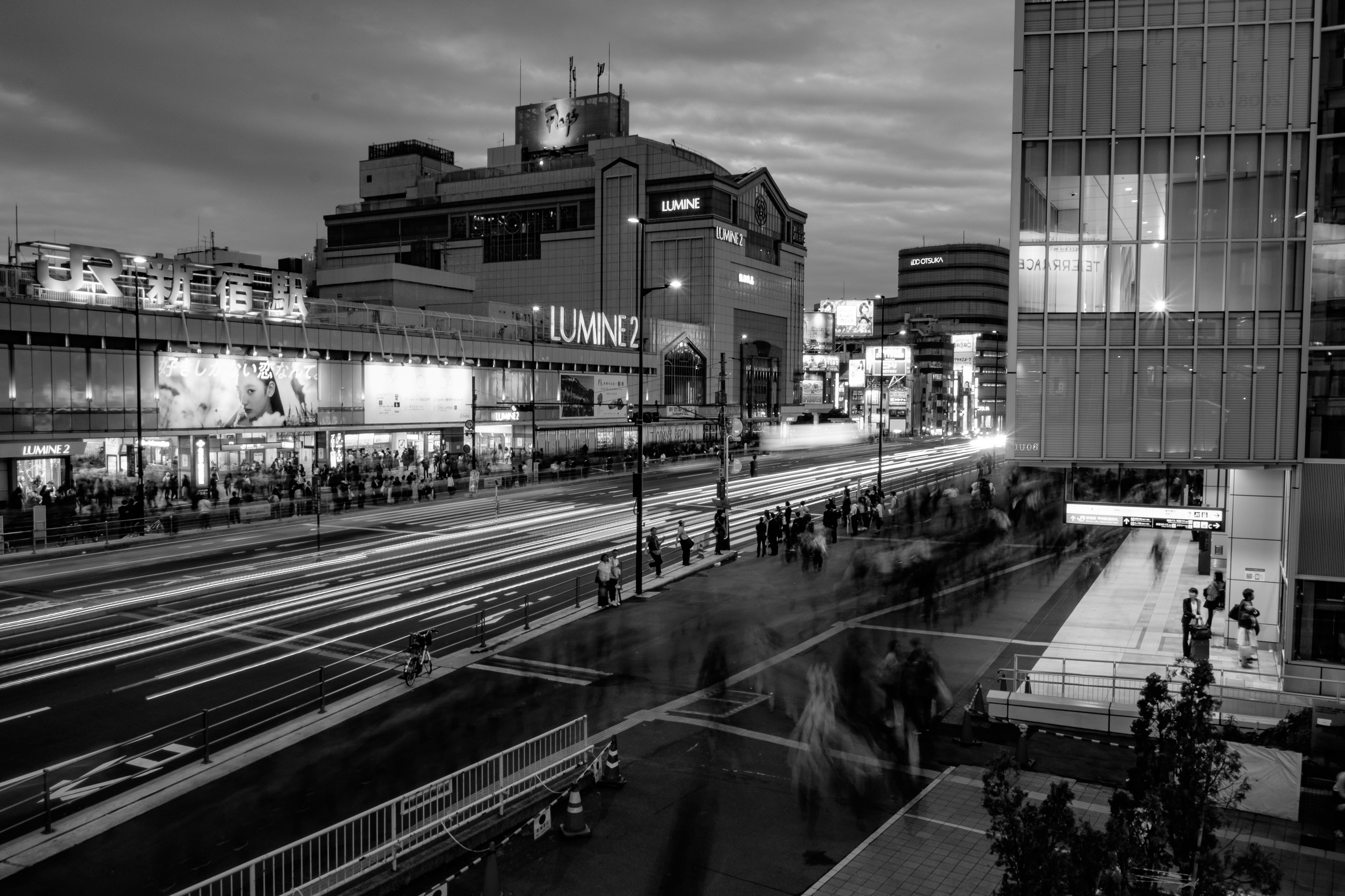 motion, town, grayscale, railroad track, architecture, tokyo, mode of transportation, city at night, cloud - sky, road, sky, city light, highway, city view, HD Wallpaper