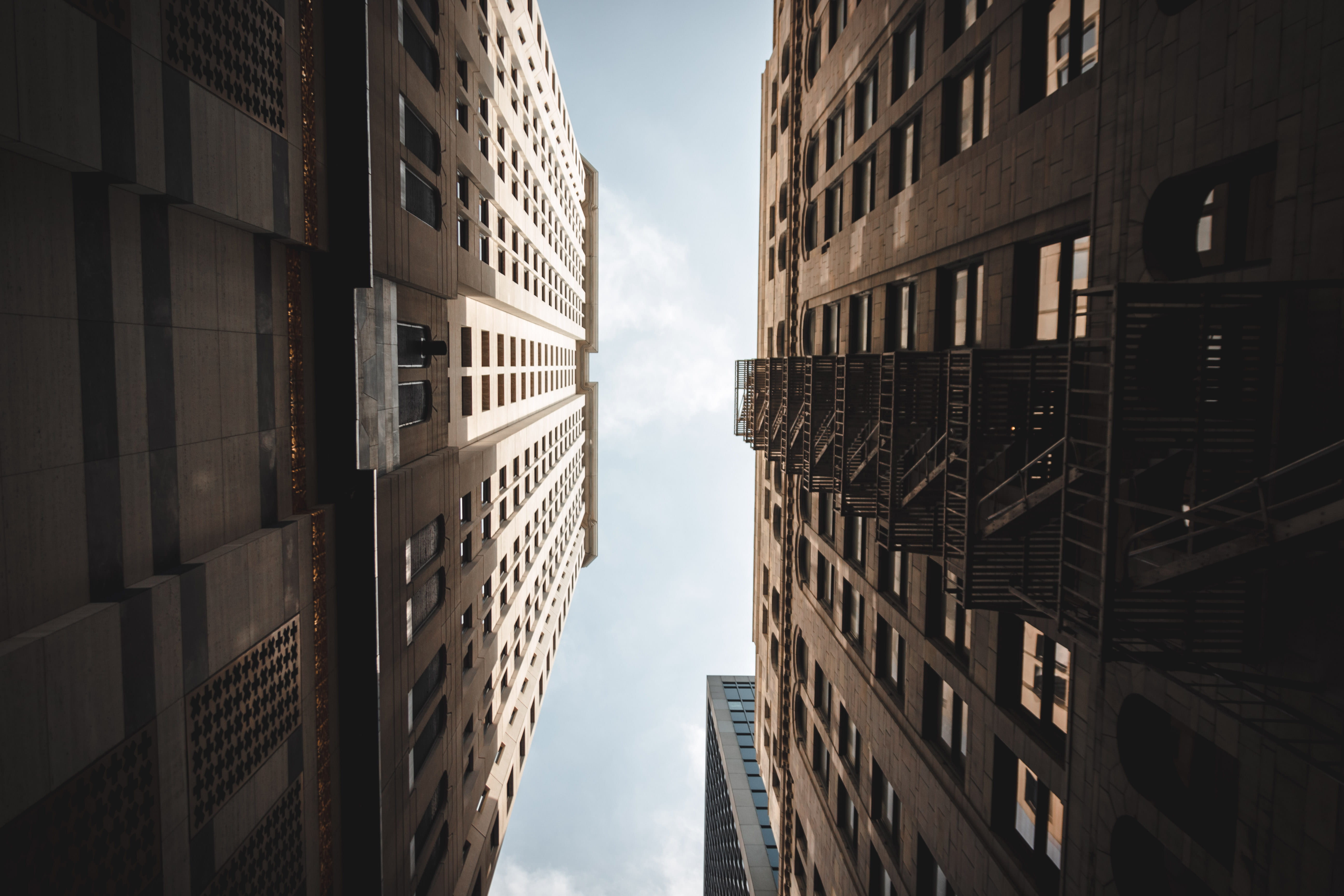 sky, architectural, city, blue sky, residential District, modern, cityscape, looking up, tall - High, architecture, perspective, office Building, low angle, HD Wallpaper