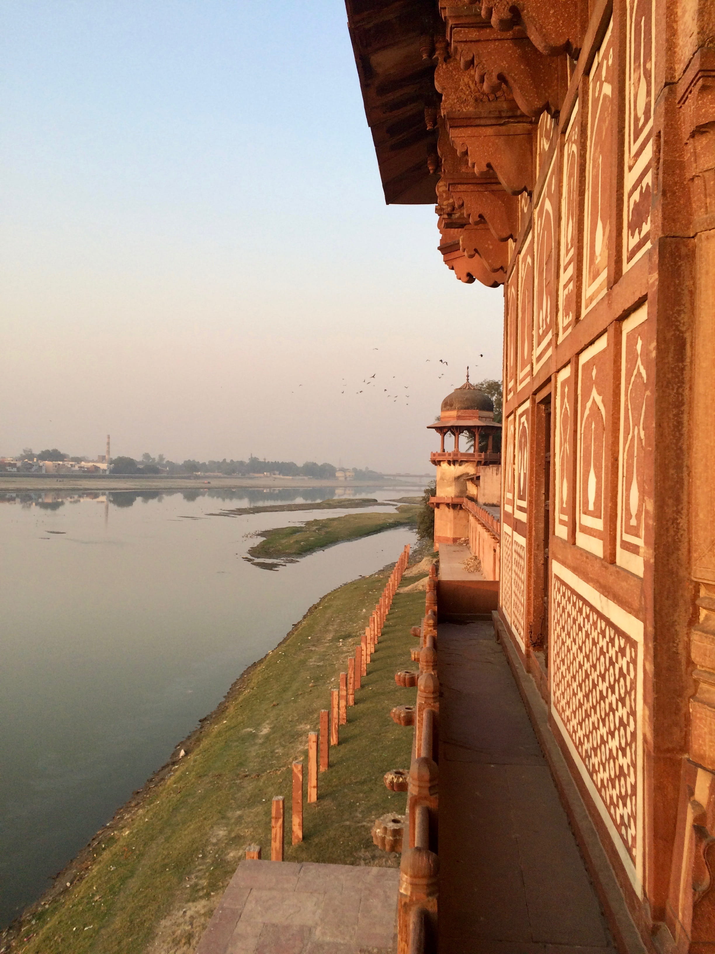 sky, outdoors, transportation, nautical vessel, temple, diminishing perspective, sunset, india, clear sky, reflection, river, red fort, water, no people, Phone HD Wallpaper